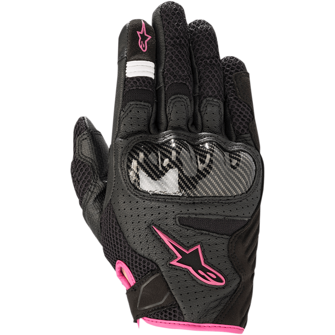 Gants Alpinestars Stella SMX-1 Air V2 pour femme, gants de moto, noirs avec accents rose fuchsia, protection des articulations texturée en fibre de carbone, construction en cuir perforé et mesh pour la ventilation, manchette courte