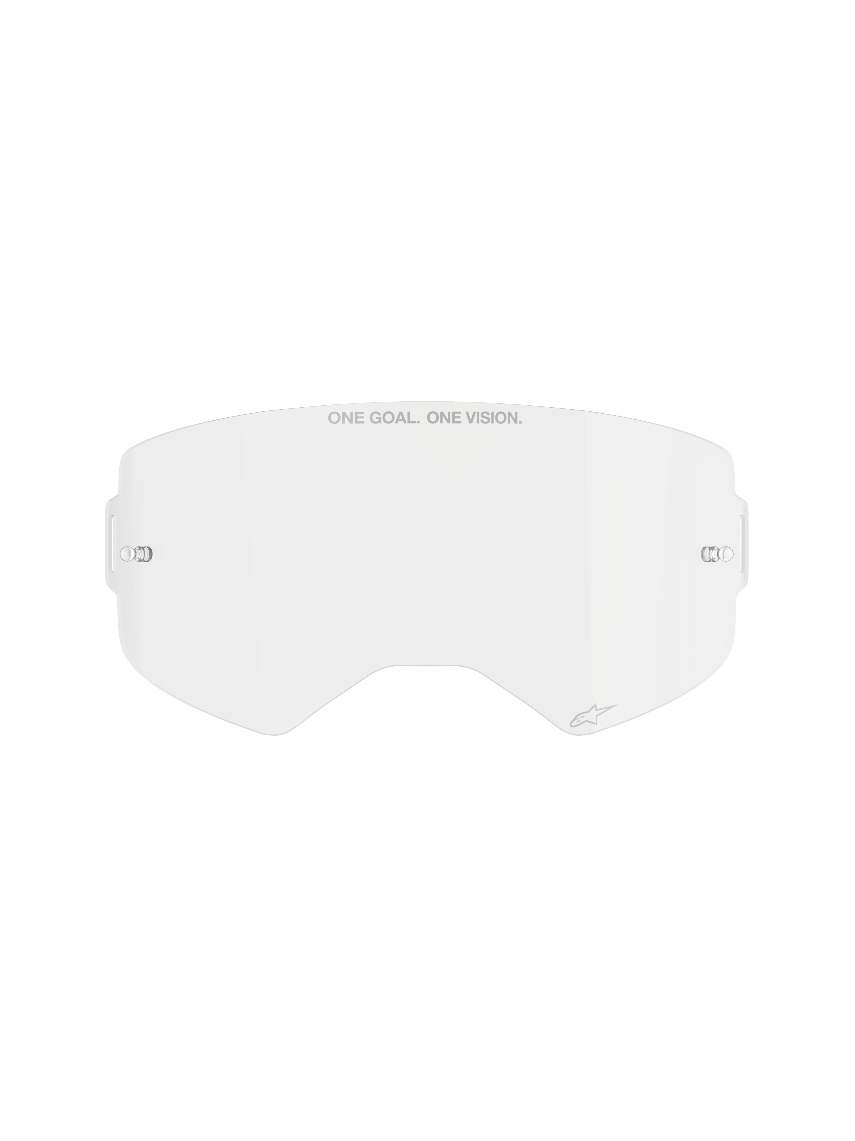 Écran Alpinestars Supertech Clear, lentille de rechange pour masque de motocross, polycarbonate transparent résistant aux chocs, texte "ONE GOAL. ONE VISION." sur le dessus et petit logo, avec fixations latérales pour tear-offs