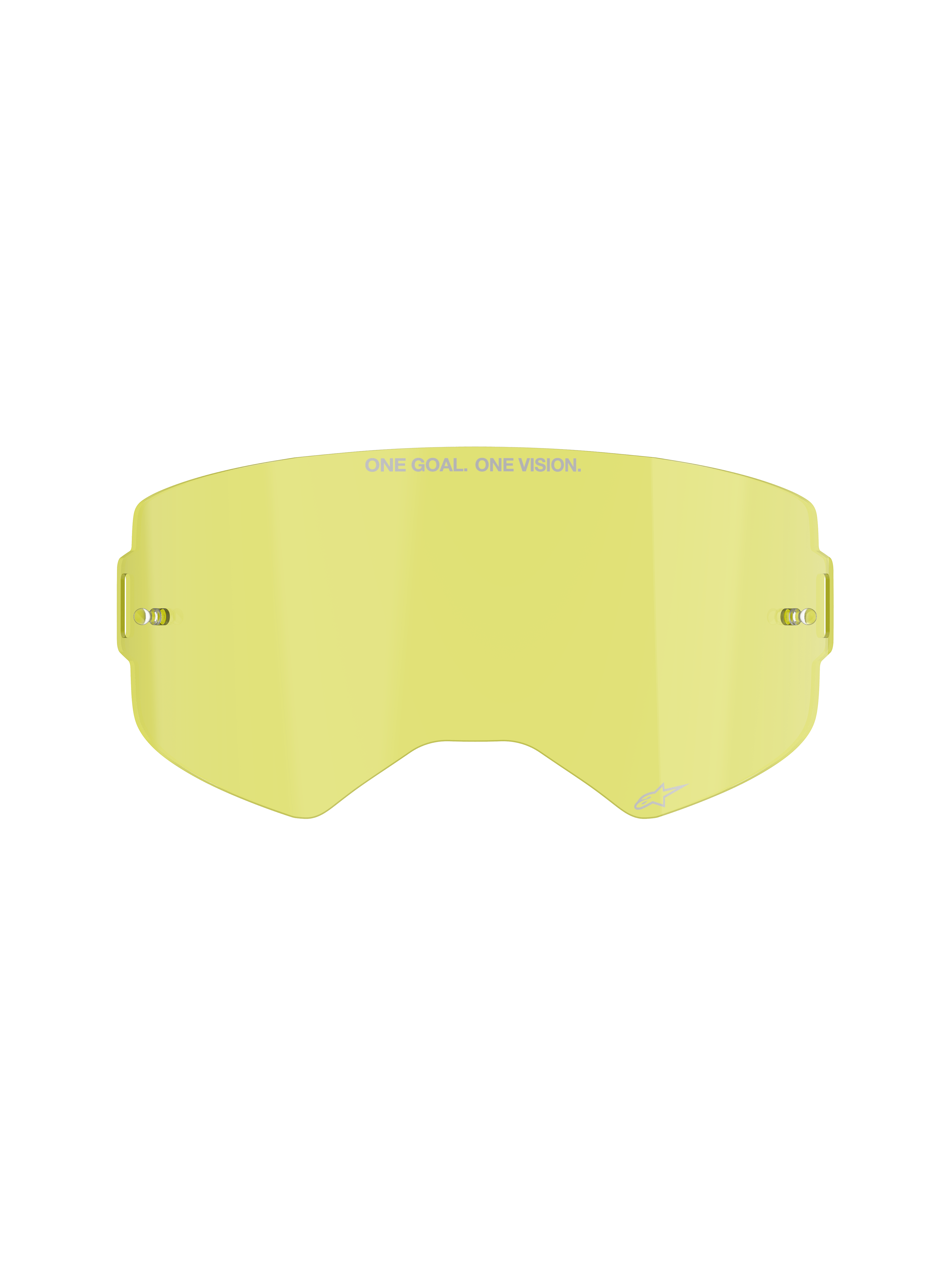 Lentille Alpinestars Supertech Clear Lens, lentille de remplacement pour lunettes de motocross, teinte jaune, avec l'inscription « ONE GOAL. ONE VISION. », supports de tear-off intégrés, construction en polycarbonate transparent résistant aux impacts