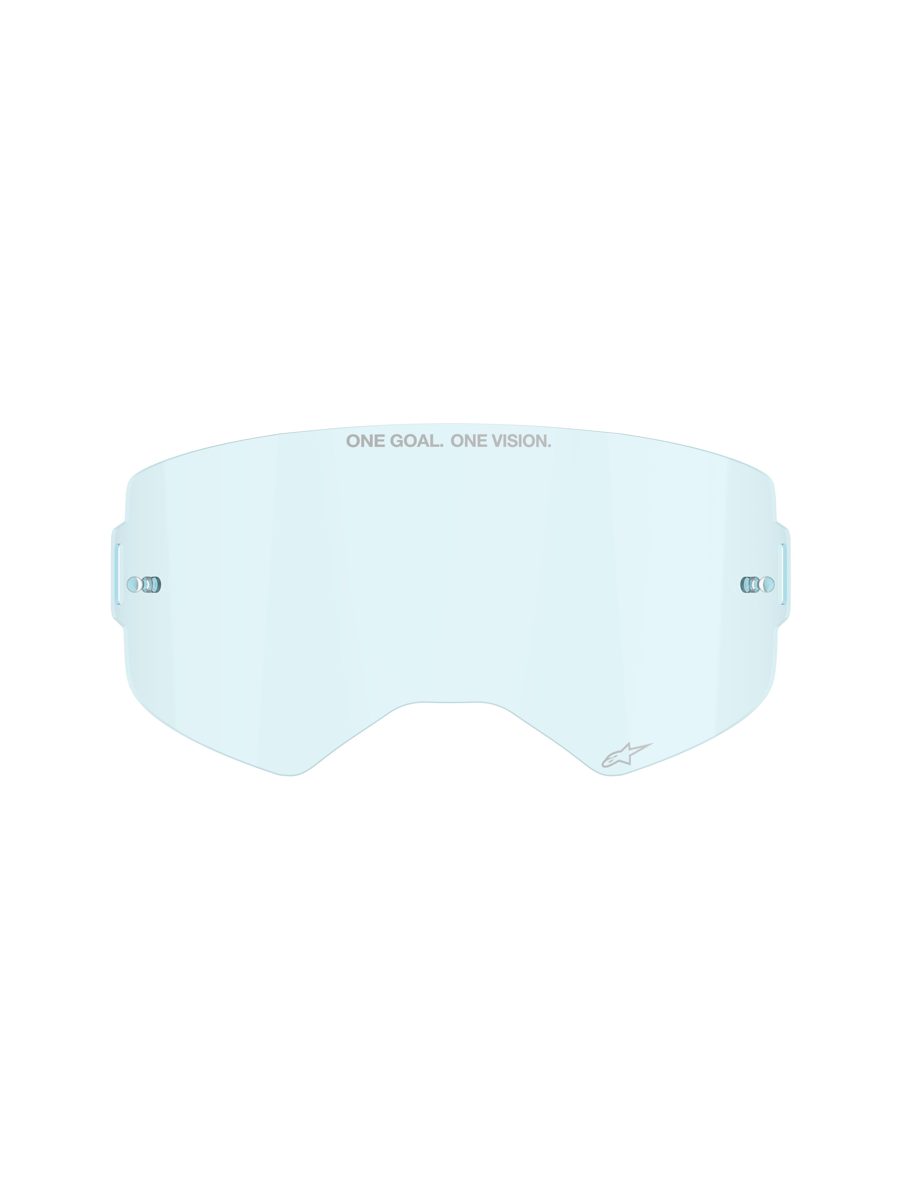 Lentille Alpinestars Supertech Clear en bleu clair, écran de rechange pour lunettes de motocross, marquage ONE GOAL ONE VISION et supports de tear-off intégrés, design incurvé en polycarbonate résistant aux impacts