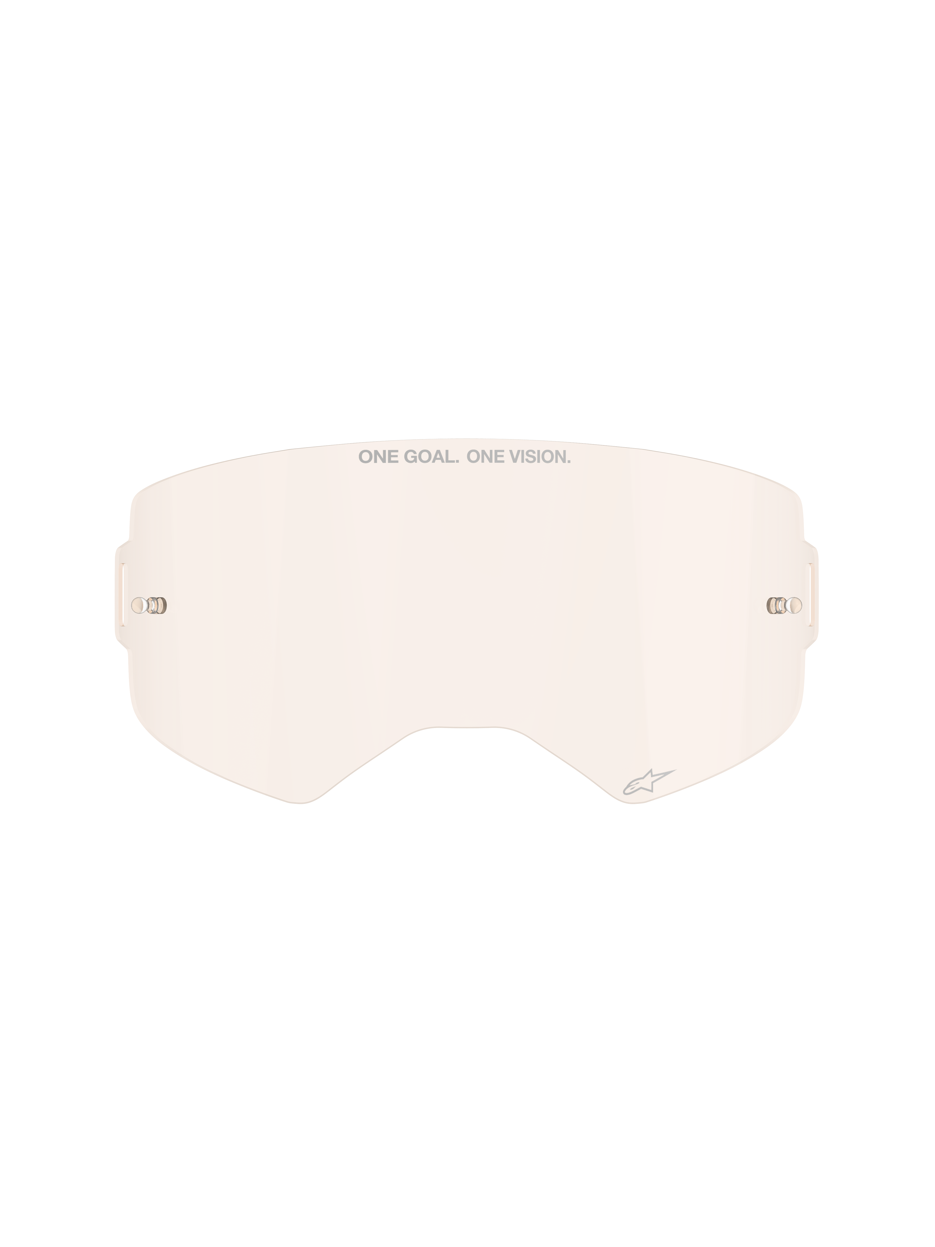 Lentille Alpinestars Supertech, teinte cuivre rose clair, écran de rechange en polycarbonate moulé par injection, avec marquage « ONE GOAL. ONE VISION. » et petit logo étoile, supports de tear-off intégrés, accessoire pour masque de motocross et tout-terrain