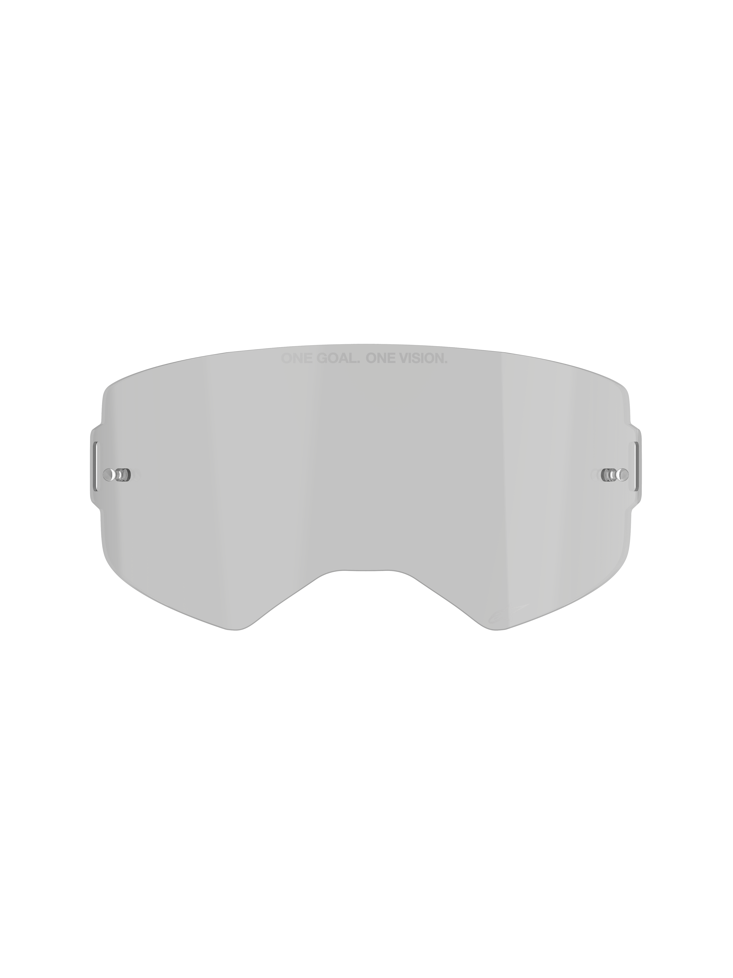 Alpinestars Supertech Smoke Lens, Goggle Replacement Lens, Medium Smoke Gray Tint, featuring 'ONE GOAL. ONE VISION.' text, curved polycarbonate design with built-in tear-off posts, off-road and motocross accessory