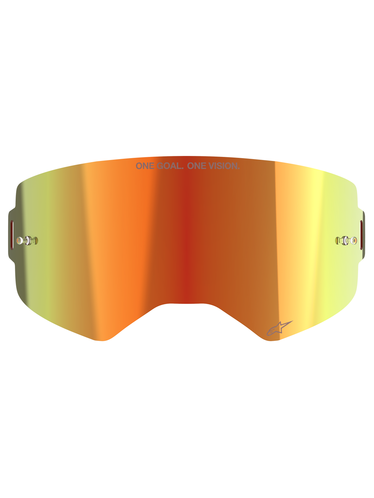 Lentille miroir Alpinestars Supertech, écran de rechange pour masque de motocross, rouge miroir avec dégradé orange et jaune, texte « ONE GOAL. ONE VISION. », supports tear-off intégrés et finition réfléchissante pour la course tout-terrain.