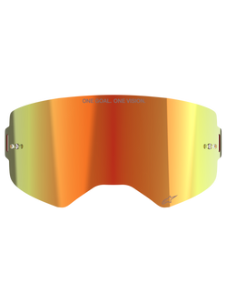 Alpinestars Supertech Mirror Lens, Motocross Goggle Replacement Lens, Mirror Red with orange and yellow gradient, featuring "ONE GOAL. ONE VISION." text, built-in tear-off posts, and reflective finish for off-road racing