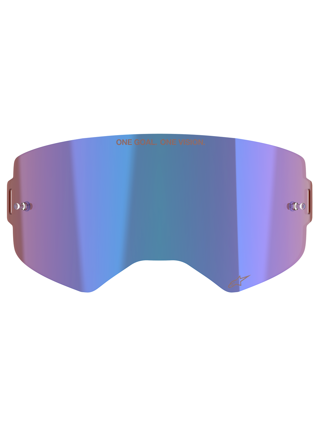 Alpinestars Supertech Mirror Lens, écran pour lunettes de motocross, bleu miroir avec des teintes violettes, doté de la technologie Absolute Vision™, supports pour tear-off intégrés et slogan « ONE GOAL. ONE VISION. » sur le dessus.