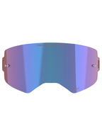 Alpinestars Supertech Mirror Lens, écran pour lunettes de motocross, bleu miroir avec des teintes violettes, doté de la technologie Absolute Vision™, supports pour tear-off intégrés et slogan « ONE GOAL. ONE VISION. » sur le dessus.