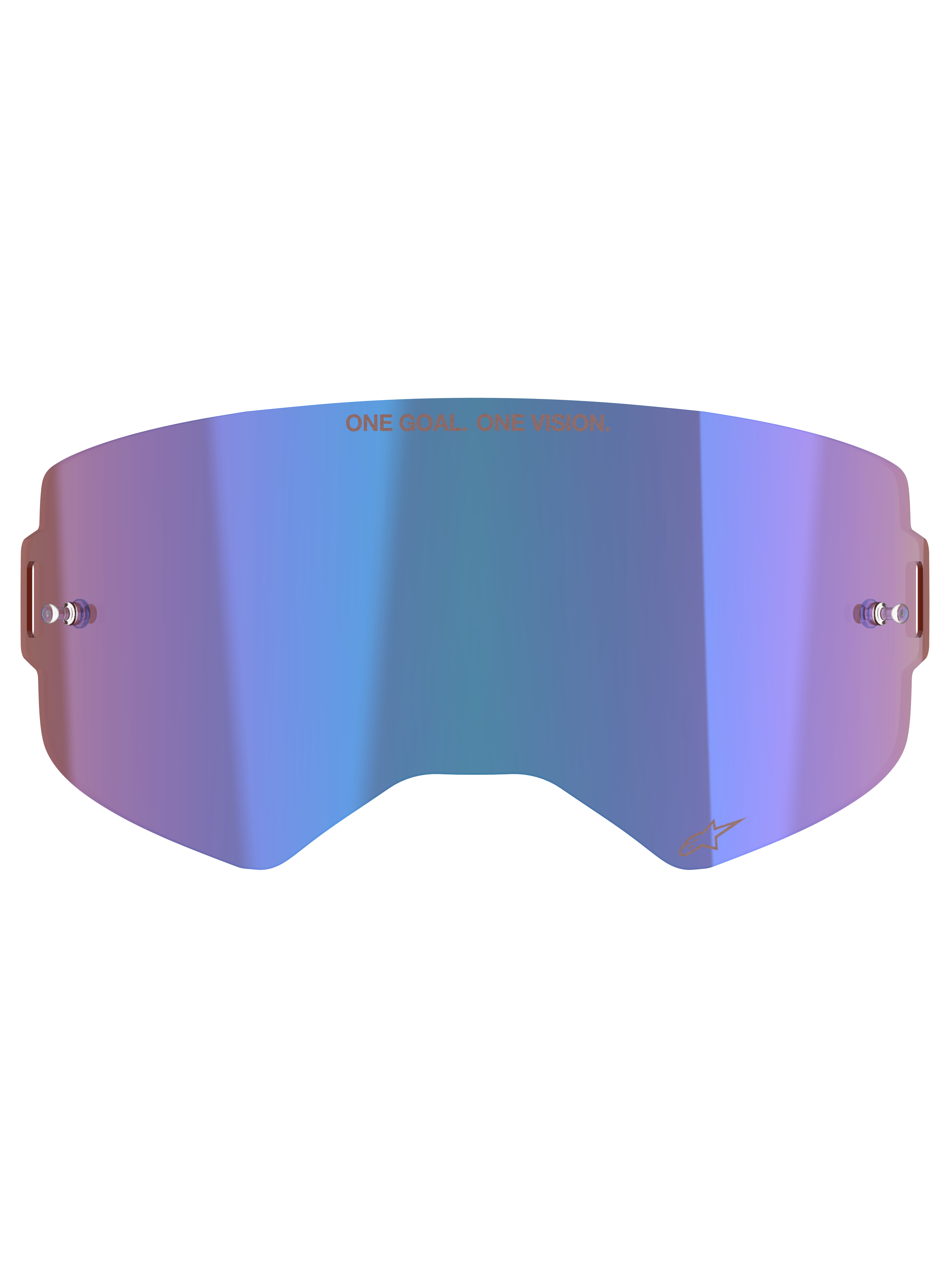 Alpinestars Supertech Mirror Lens, écran pour lunettes de motocross, bleu miroir avec des teintes violettes, doté de la technologie Absolute Vision™, supports pour tear-off intégrés et slogan « ONE GOAL. ONE VISION. » sur le dessus.