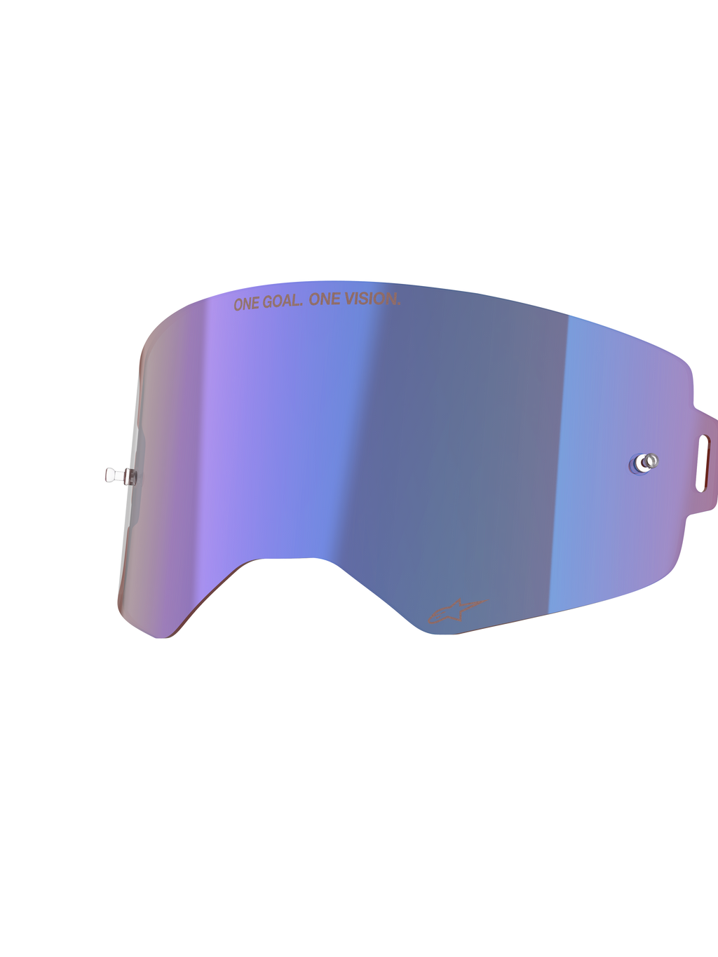 Lentille Miroir Alpinestars Supertech, écran de remplacement pour lunettes de motocross, bleu miroir avec finition irisée violette, doté de supports tear-off intégrés, texte « ONE GOAL. ONE VISION. » en haut et logo Alpinestars en bas, polycarbonate haute clarté pour la course tout-terrain