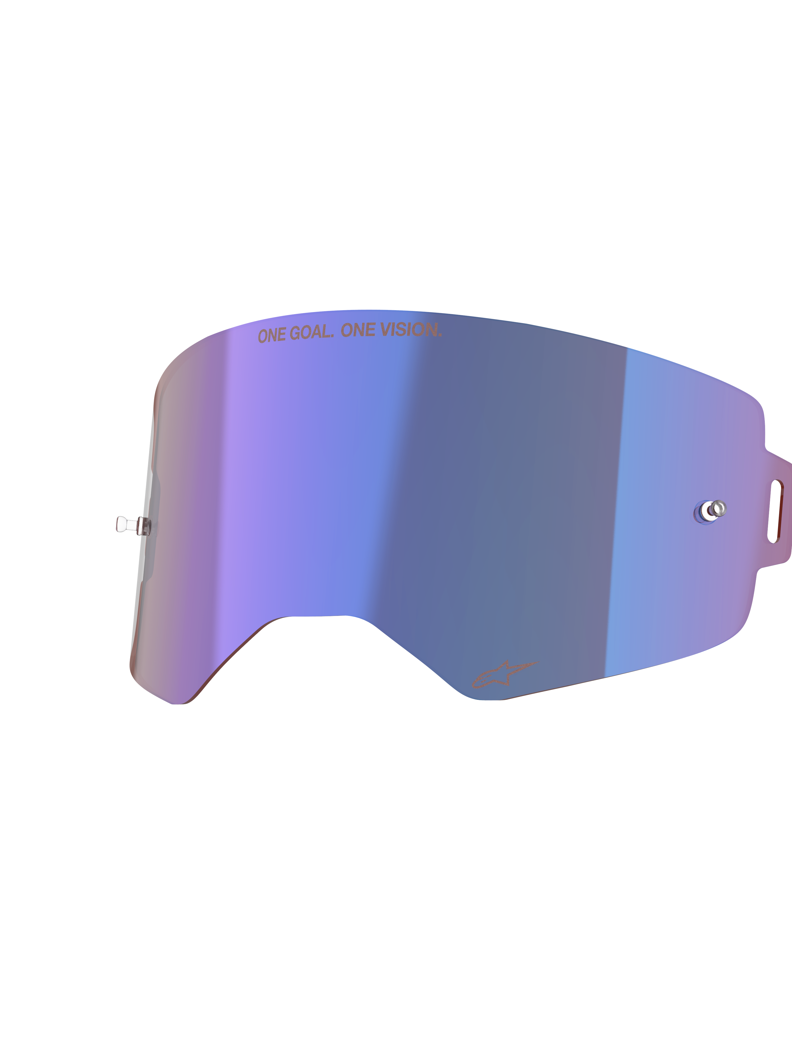 Lentille Miroir Alpinestars Supertech, écran de remplacement pour lunettes de motocross, bleu miroir avec finition irisée violette, doté de supports tear-off intégrés, texte « ONE GOAL. ONE VISION. » en haut et logo Alpinestars en bas, polycarbonate haute clarté pour la course tout-terrain