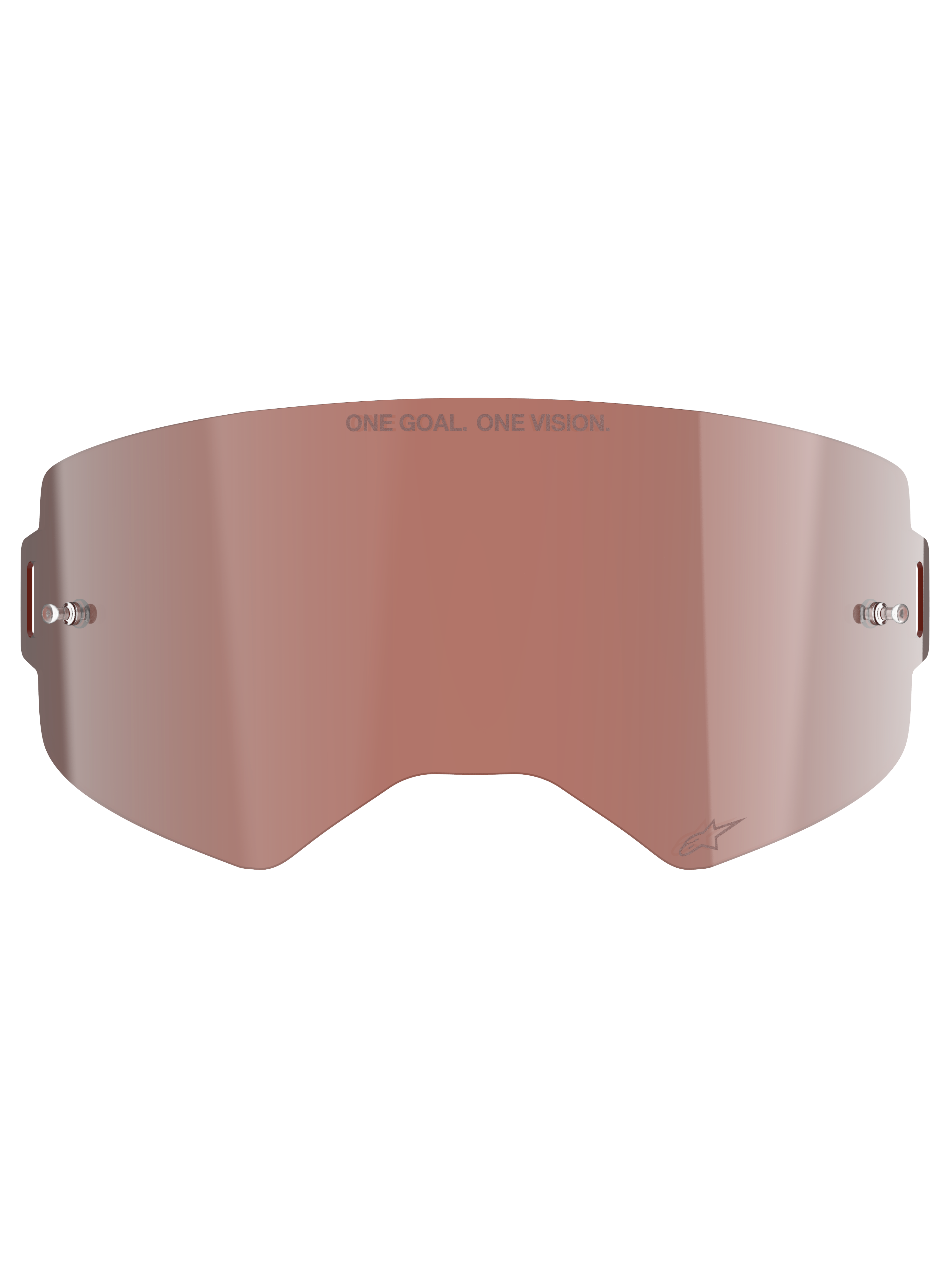 Écran Alpinestars Supertech Mirror, écran de rechange pour masque de motocross, coloris Mirror Silver avec teinte Absolute Vision™ brun-rouge, surface réfléchissante avec fixations pour tear-off intégrées, gravure « ONE GOAL. ONE VISION. » et logo Alpinestars