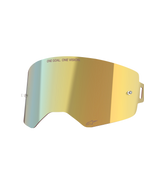 Alpinestars Supertech Mirror Lens, Mirror Gold, reflective replacement goggle lens with integrated tear-off posts and 'ONE GOAL. ONE VISION.' text, high-clarity motocross accessory.