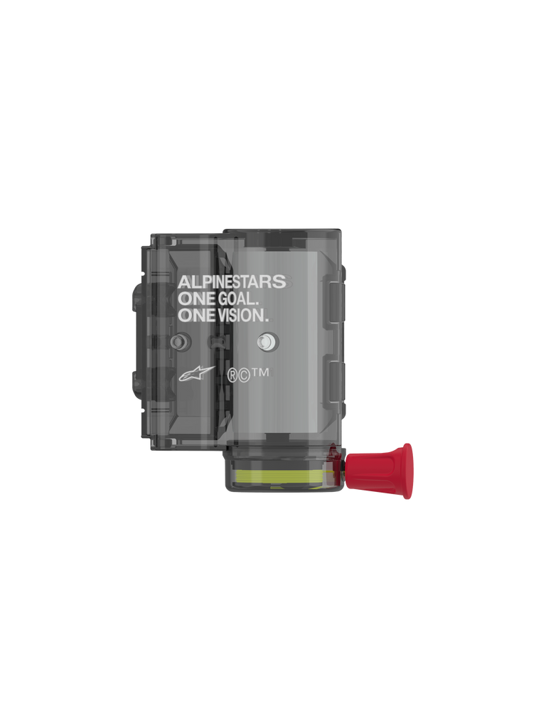 Alpinestars Vision Roll Off Motor Kit, motocross goggle accessory, transparent grey housing with a red pull knob, replacement motor for Wide Vision systems, features 'ALPINESTARS ONE GOAL. ONE VISION.' text, professional-grade off-road racing component