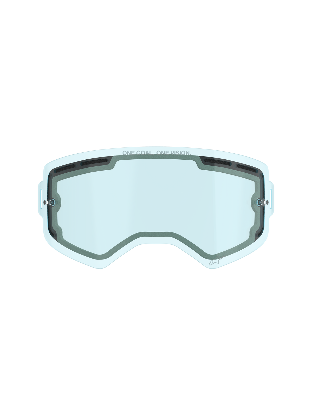 Alpinestars Supertech Dual Pane Vented Lens, écran de rechange pour masque de motocross, teinte bleue, construction en polycarbonate à double paroi, joint en mousse noire, ports de ventilation supérieurs et latéraux, marquage 'ONE GOAL. ONE VISION.', performance antibuée pour la course tout-terrain