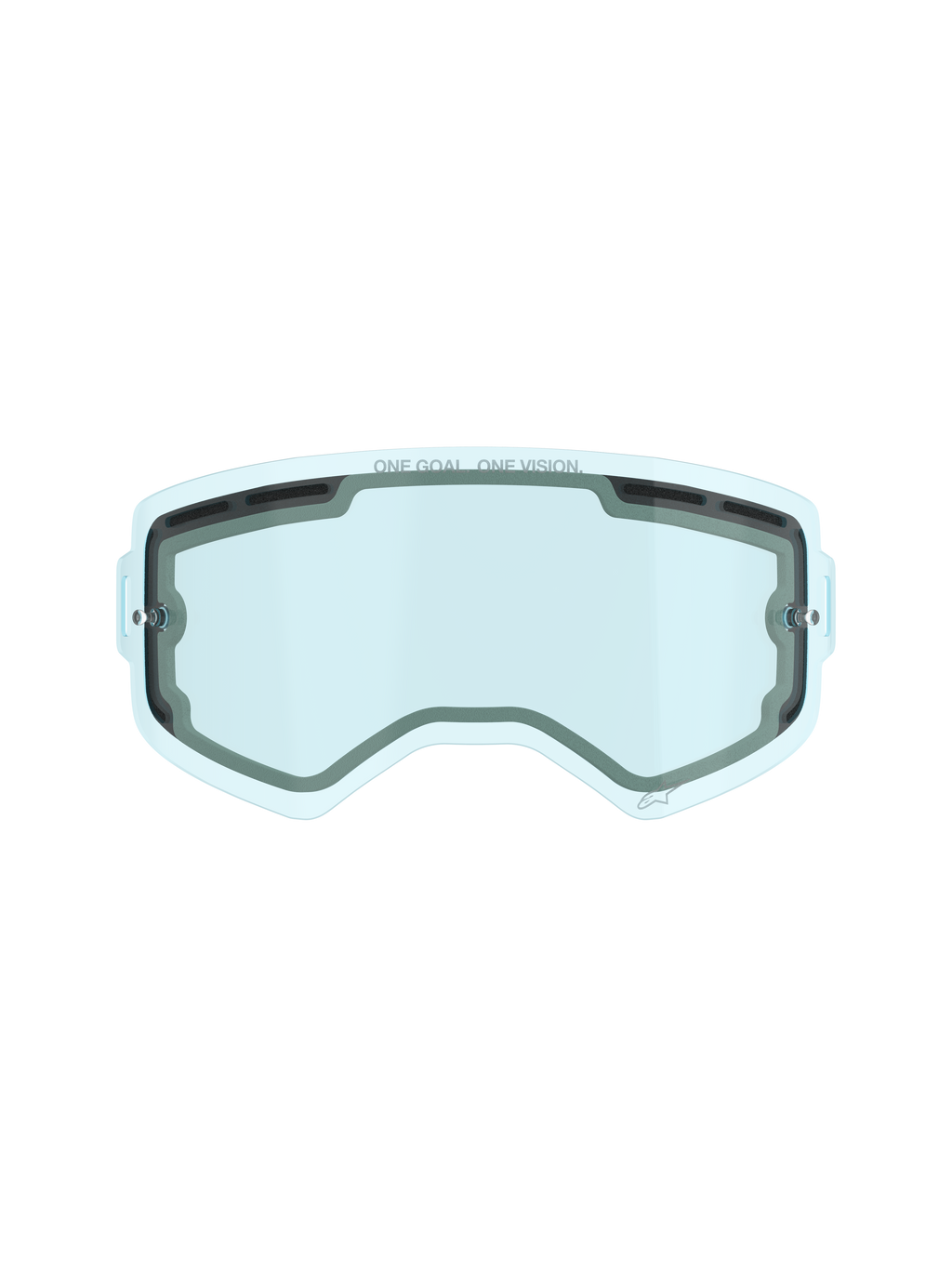 Alpinestars Supertech Dual Pane Vented Lens, écran de rechange pour masque de motocross, teinte bleue, construction en polycarbonate à double paroi, joint en mousse noire, ports de ventilation supérieurs et latéraux, marquage 'ONE GOAL. ONE VISION.', performance antibuée pour la course tout-terrain