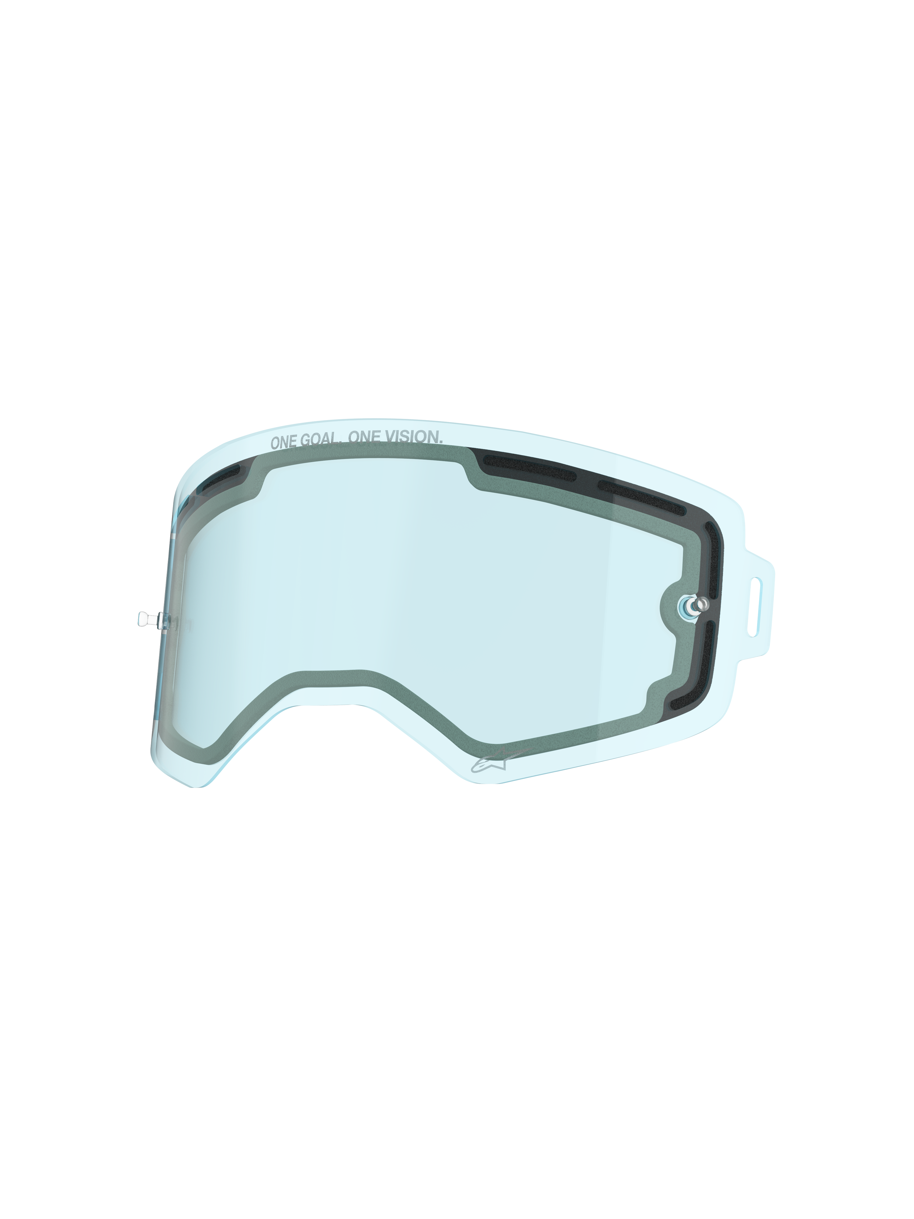 Lentille Alpinestars Supertech, lentille de masque ventilée à double paroi teintée bleu, avec l'inscription « ONE GOAL. ONE VISION. », lentille de rechange en polycarbonate résistant aux chocs pour la protection en motocross et en tout-terrain