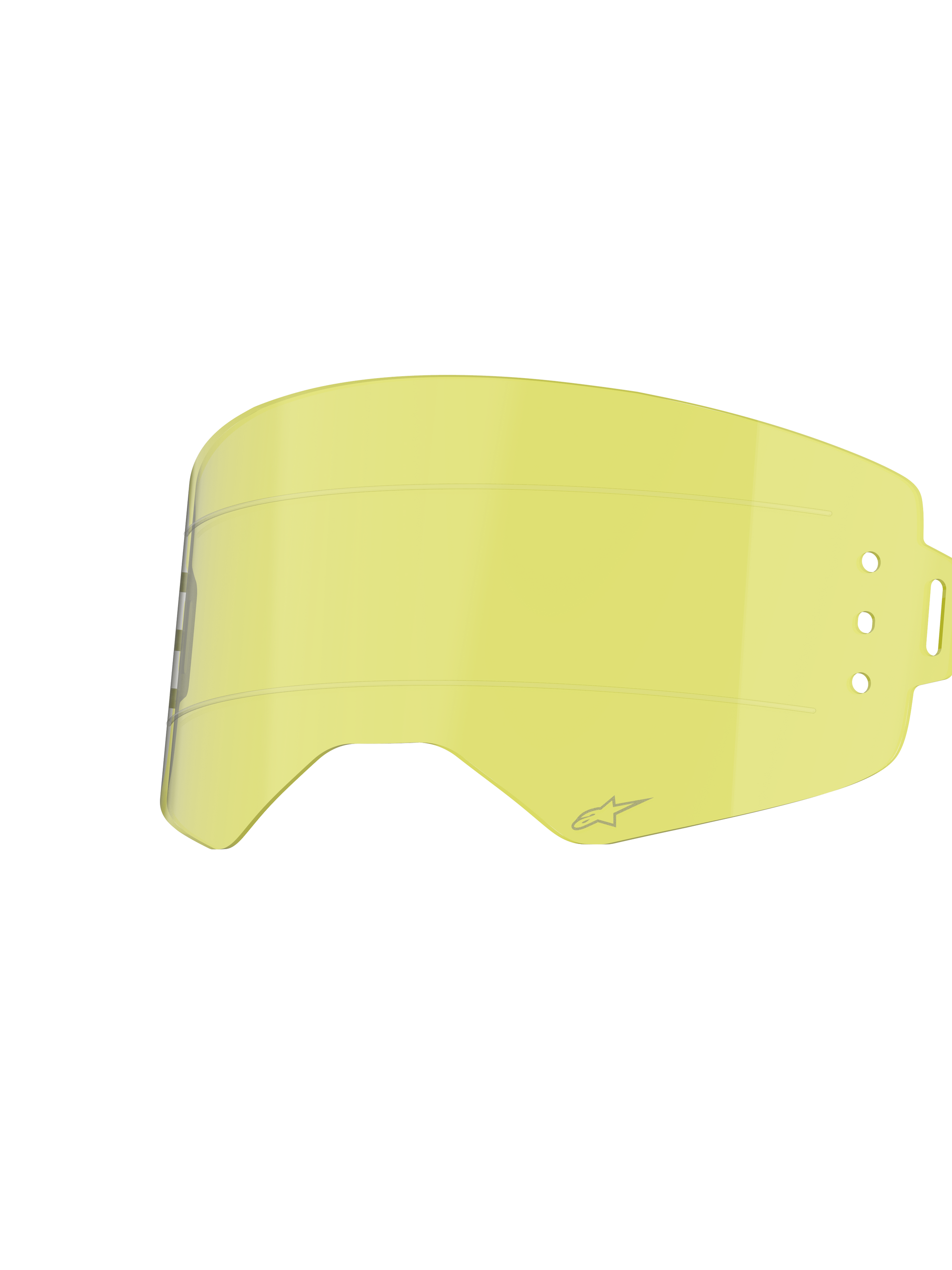 Alpinestars Supertech Roll Off Lens, Motocross Goggle Accessory, Clear Yellow, featuring horizontal glide lines and side attachment points for roll-off systems, curved impact-resistant polycarbonate design
