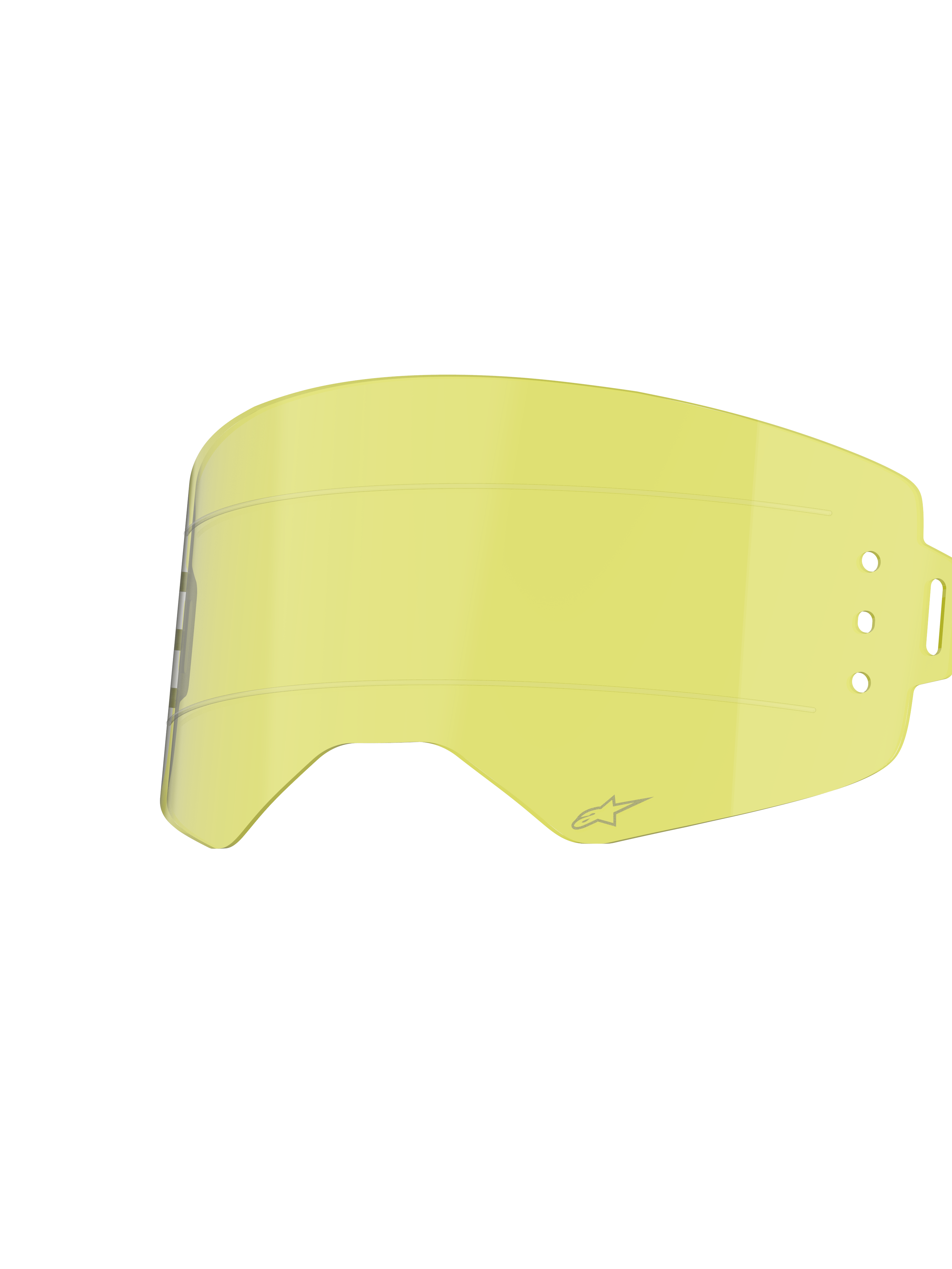 Alpinestars Supertech Roll Off Lens, Motocross Goggle Accessory, Clear Yellow, featuring horizontal glide lines and side attachment points for roll-off systems, curved impact-resistant polycarbonate design