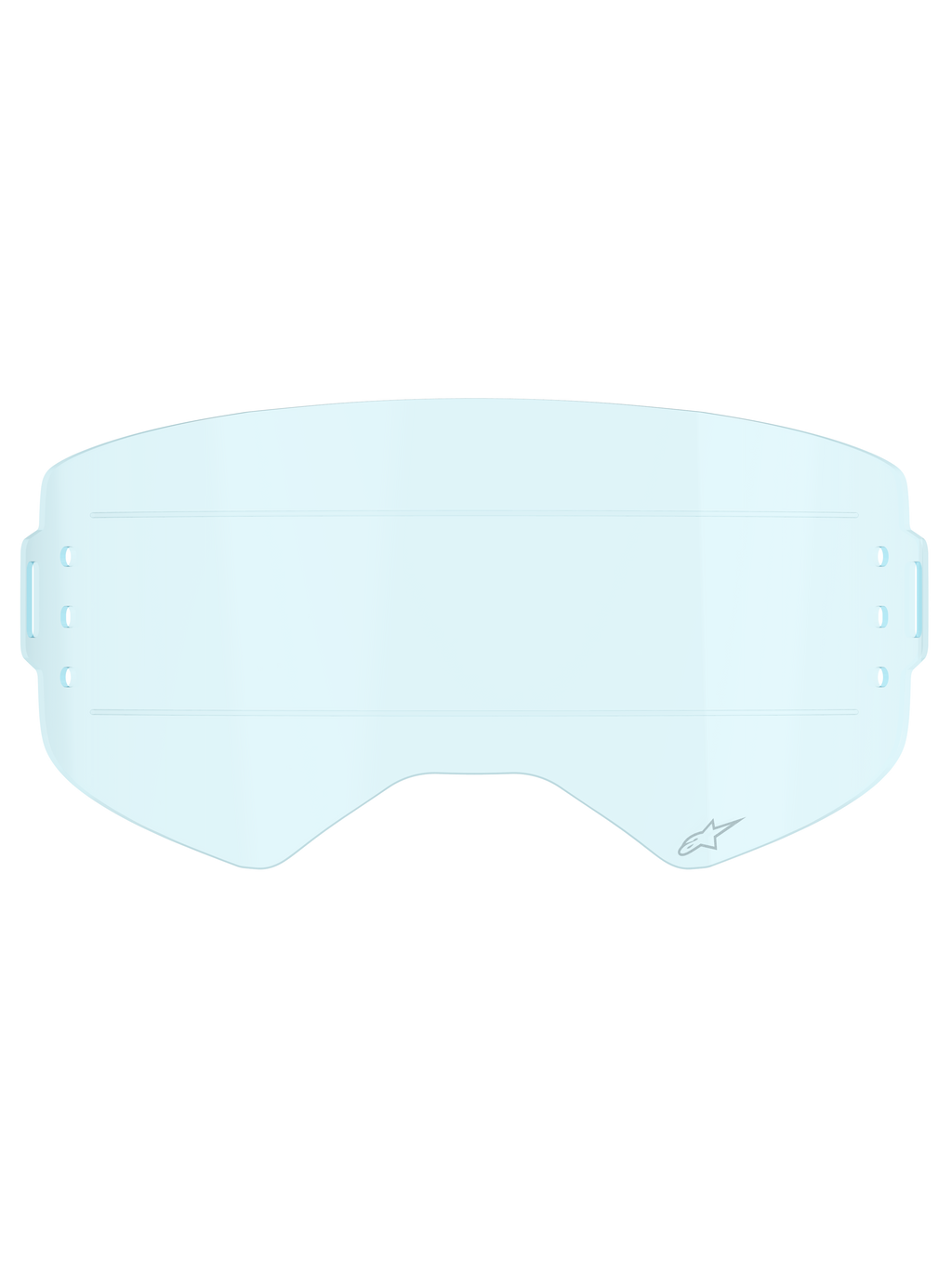 Lentille Alpinestars Supertech Roll-Off, accessoire pour lunettes de motocross, bleu clair, lentille en polycarbonate transparent bleu clair avec lignes de glissement horizontales pour un mouvement fluide du film et fentes de montage latérales pour systèmes roll-off.