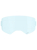 Lentille Alpinestars Supertech Roll-Off, accessoire pour lunettes de motocross, bleu clair, lentille en polycarbonate transparent bleu clair avec lignes de glissement horizontales pour un mouvement fluide du film et fentes de montage latérales pour systèmes roll-off.