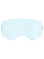 Lentille Alpinestars Supertech Roll-Off, accessoire pour lunettes de motocross, bleu clair, lentille en polycarbonate transparent bleu clair avec lignes de glissement horizontales pour un mouvement fluide du film et fentes de montage latérales pour systèmes roll-off.