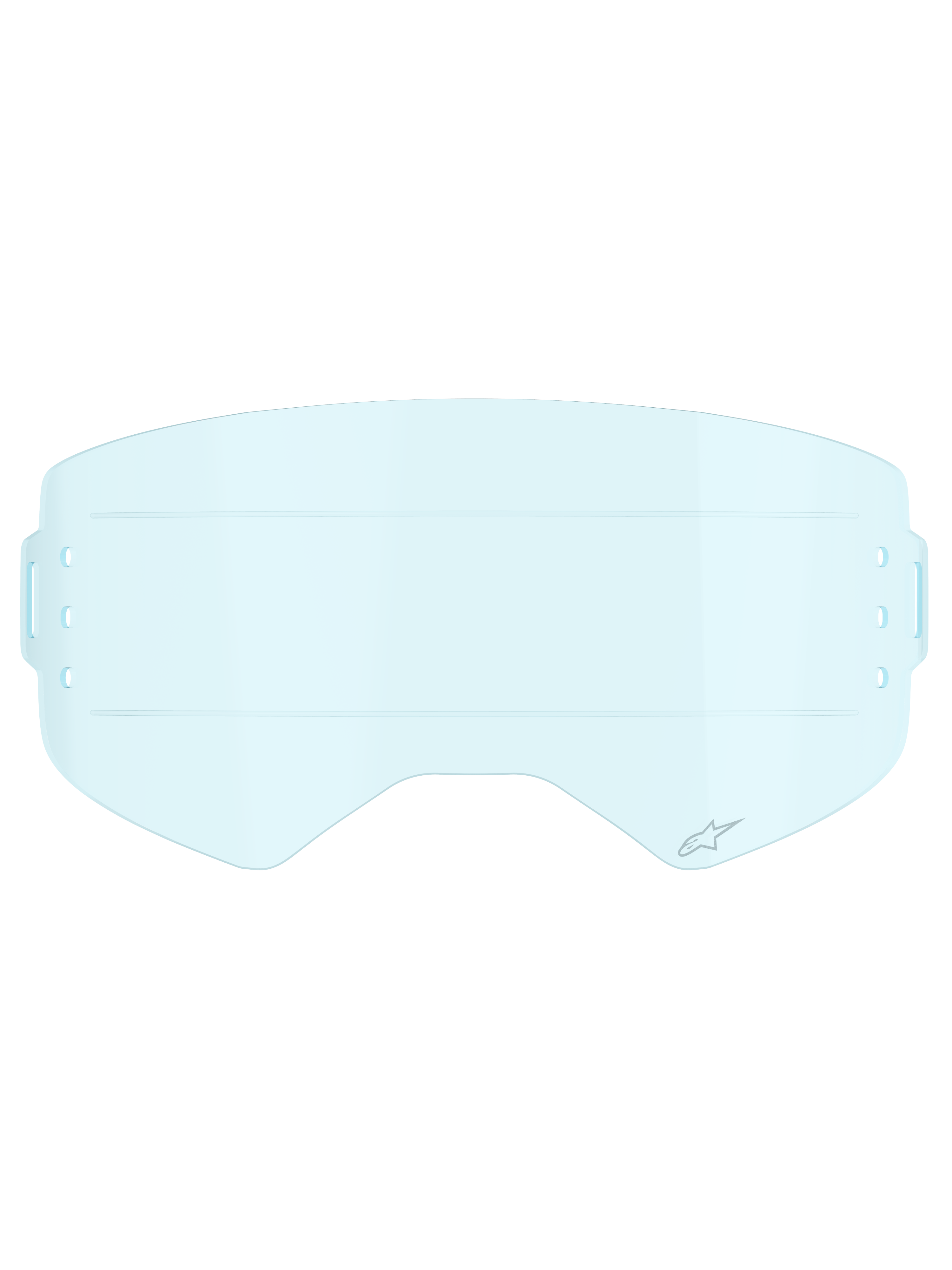 Lentille Alpinestars Supertech Roll-Off, accessoire pour lunettes de motocross, bleu clair, lentille en polycarbonate transparent bleu clair avec lignes de glissement horizontales pour un mouvement fluide du film et fentes de montage latérales pour systèmes roll-off.