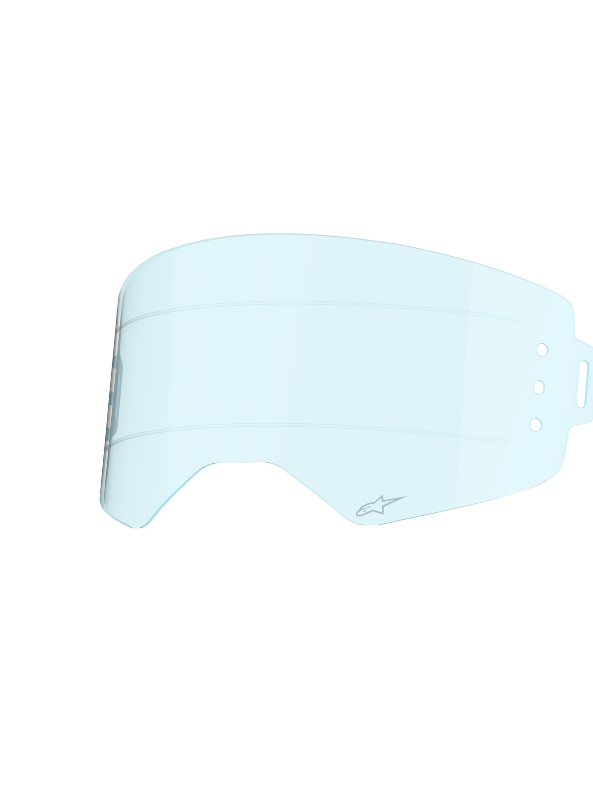 Alpinestars Supertech Wide Vision Roll-Off Lens, teinte bleu clair, construction en polycarbonate moulé par injection, avec lignes de glissement horizontales en silicone et logo A-star, lentille de rechange pour lunettes de motocross conçue pour la visibilité tout-terrain.