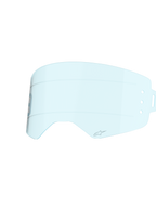 Alpinestars Supertech Wide Vision Roll-Off Lens, teinte bleu clair, construction en polycarbonate moulé par injection, avec lignes de glissement horizontales en silicone et logo A-star, lentille de rechange pour lunettes de motocross conçue pour la visibilité tout-terrain.