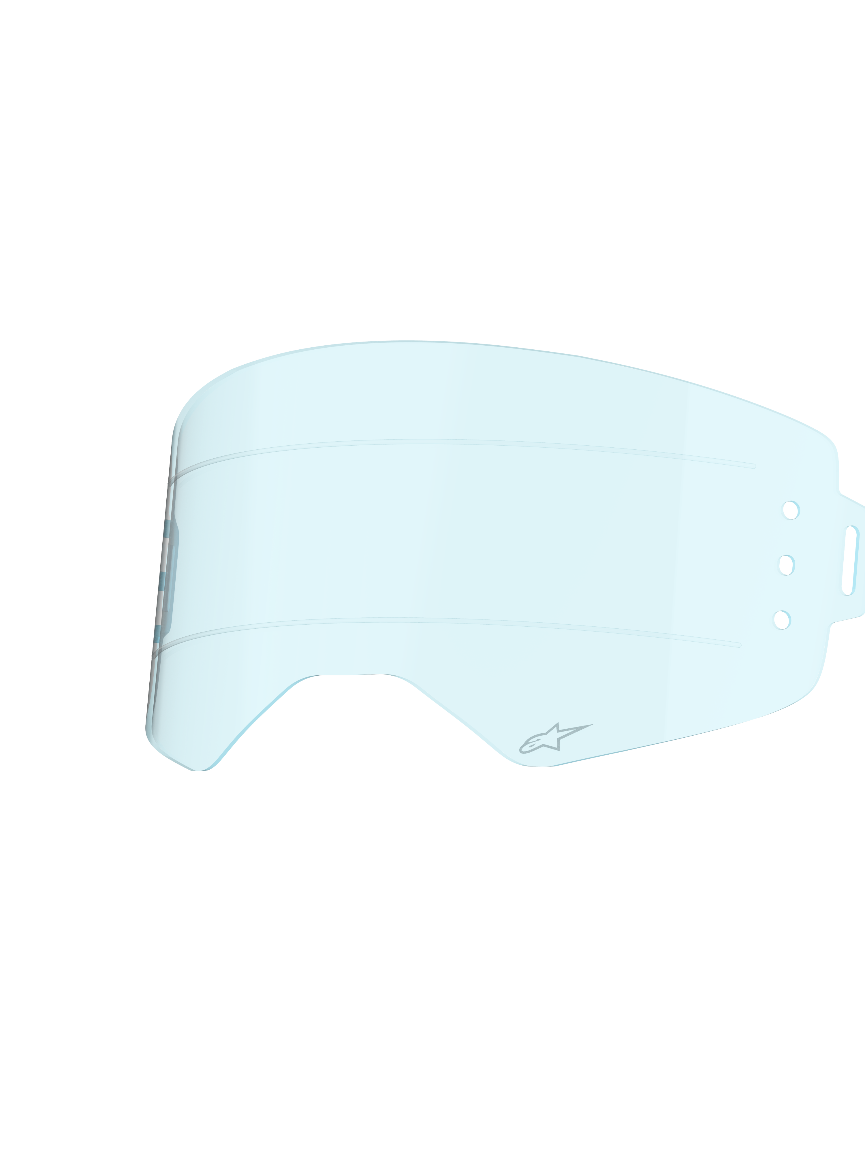 Alpinestars Supertech Wide Vision Roll-Off Lens, teinte bleu clair, construction en polycarbonate moulé par injection, avec lignes de glissement horizontales en silicone et logo A-star, lentille de rechange pour lunettes de motocross conçue pour la visibilité tout-terrain.