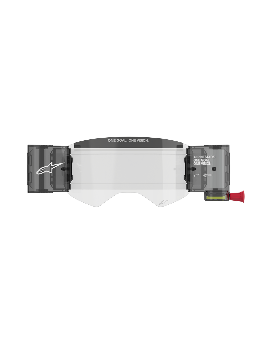 Alpinestars Supertech Roll Off Kit Wide Vision, accessoire pour masque de motocross, écran injecté transparent avec boîtiers roll-off fumés intégrés, inscription 'ONE GOAL. ONE VISION.' sur la visière anti-boue et bouton de tirage rouge.