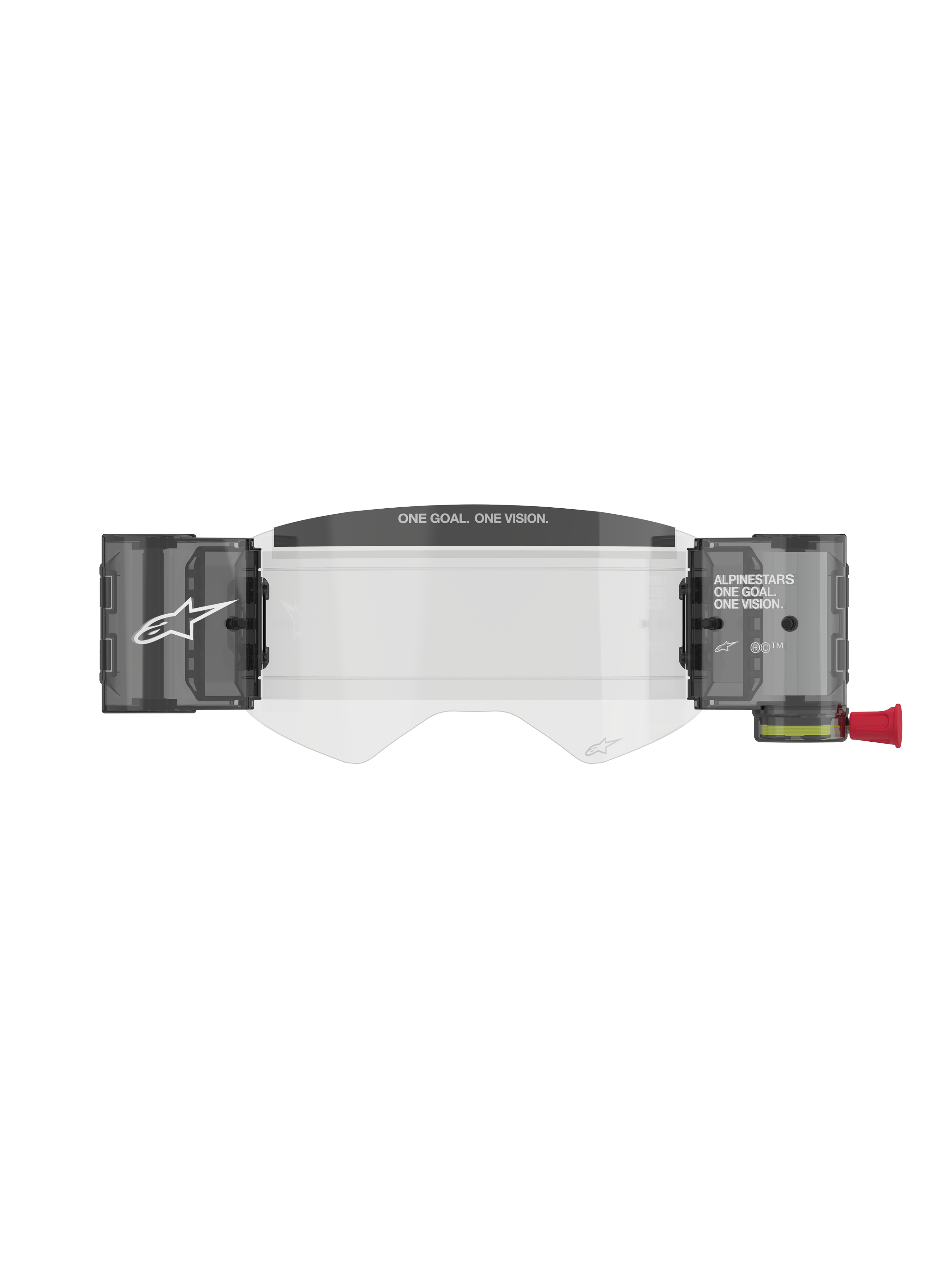 Alpinestars Supertech Roll Off Kit Wide Vision, accessoire pour masque de motocross, écran injecté transparent avec boîtiers roll-off fumés intégrés, inscription 'ONE GOAL. ONE VISION.' sur la visière anti-boue et bouton de tirage rouge.
