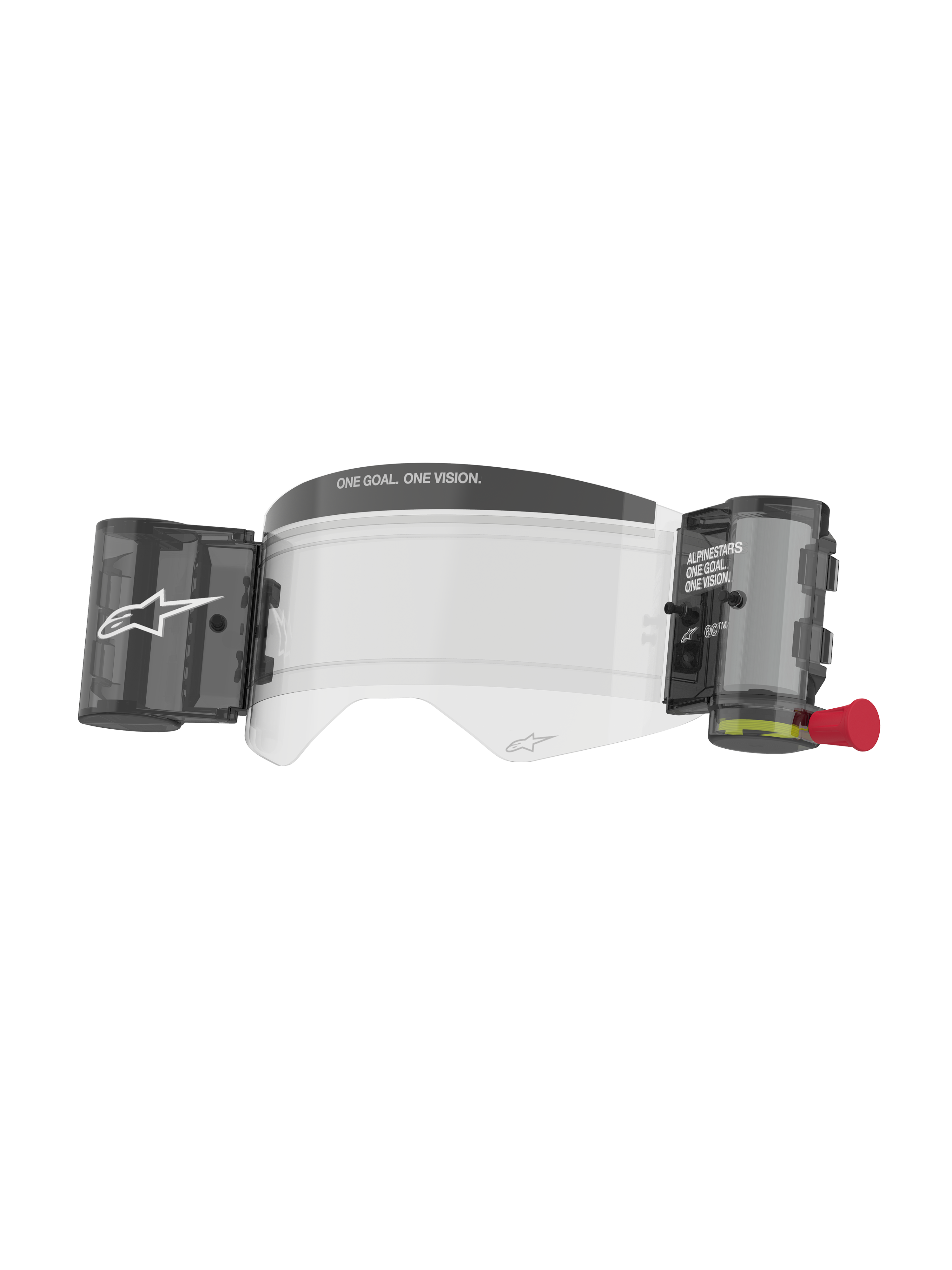 Alpinestars Supertech Roll Off Kit Wide Vision, accessoire pour masque de motocross, écran transparent anti-buée avec système de film roll-off intégré, canisters noirs et languette rouge, marquage « ONE GOAL. ONE VISION. », polycarbonate haute résistance pour la course tout-terrain