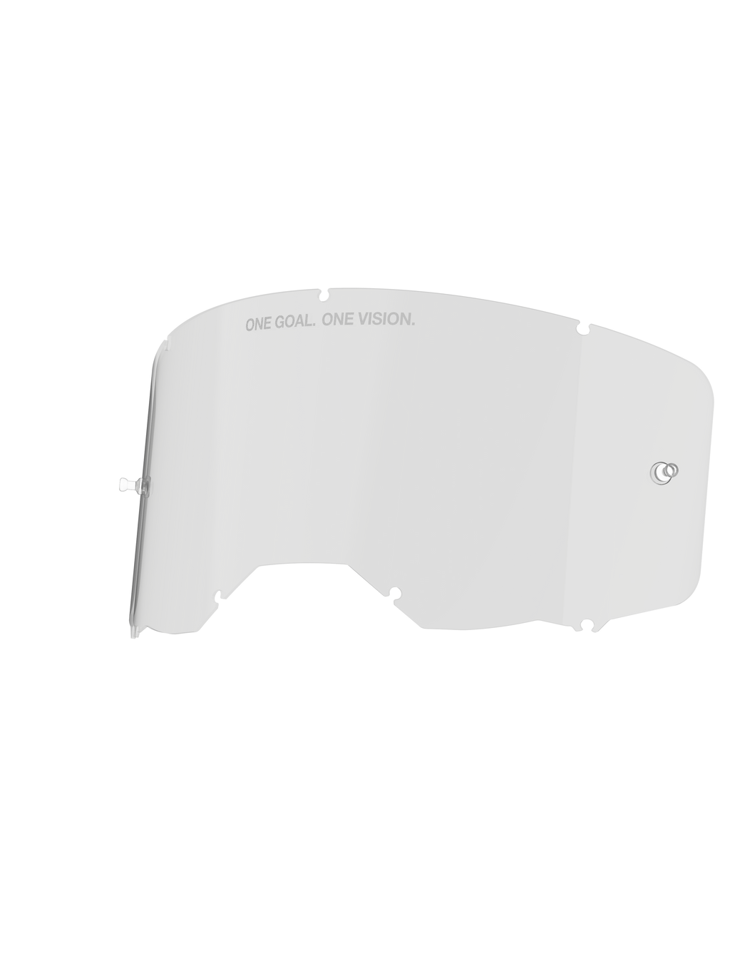Lentille Alpinestars Vision 8-5-3, écran de masque transparent, avec supports de tear-off intégrés et sept encoches de verrouillage, texte « ONE GOAL. ONE VISION. » sur le bord supérieur, construction durable en polycarbonate pour lunettes de motocross