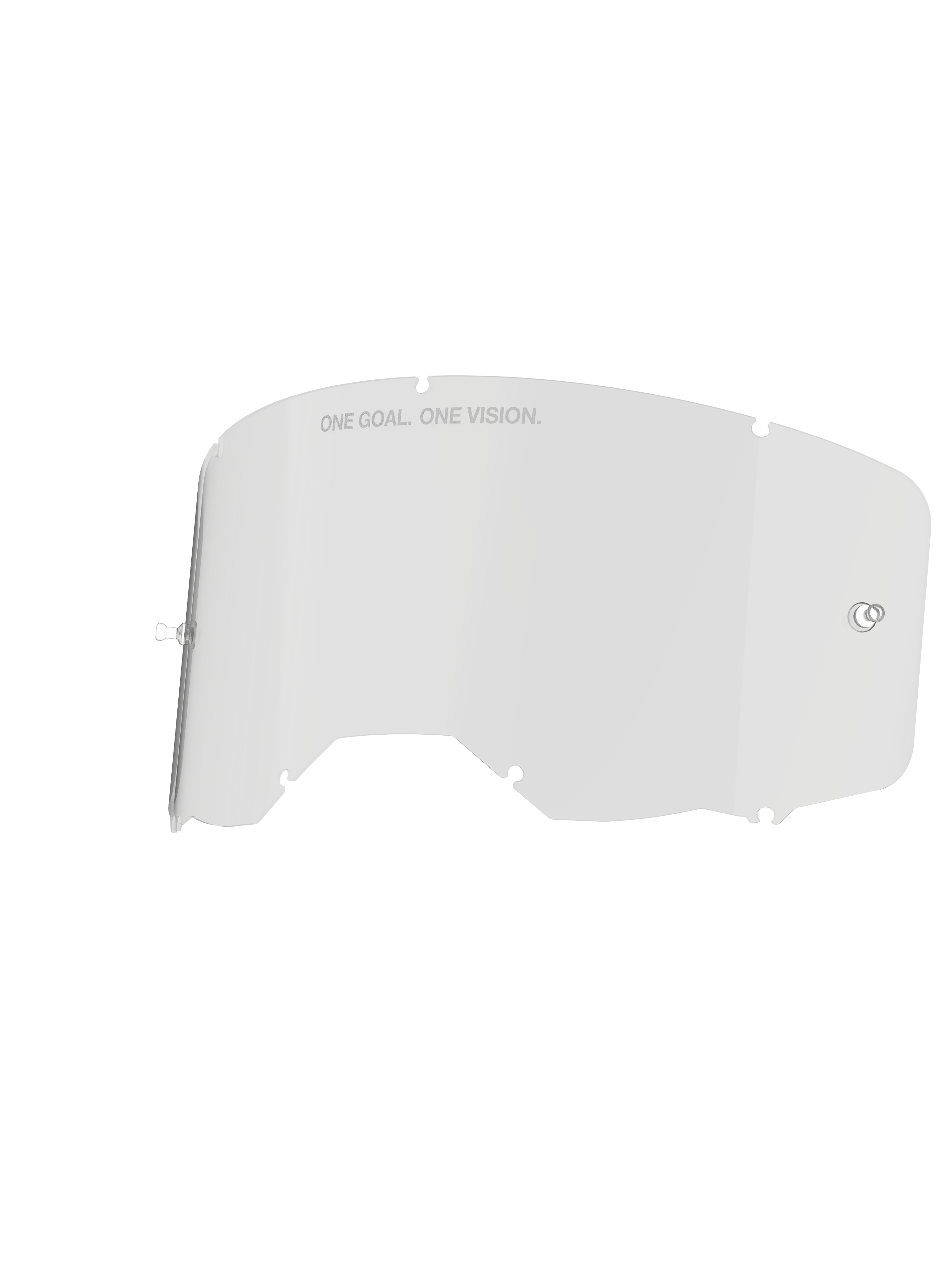 Lentille Alpinestars Vision 8-5-3, écran de masque transparent, avec supports de tear-off intégrés et sept encoches de verrouillage, texte « ONE GOAL. ONE VISION. » sur le bord supérieur, construction durable en polycarbonate pour lunettes de motocross