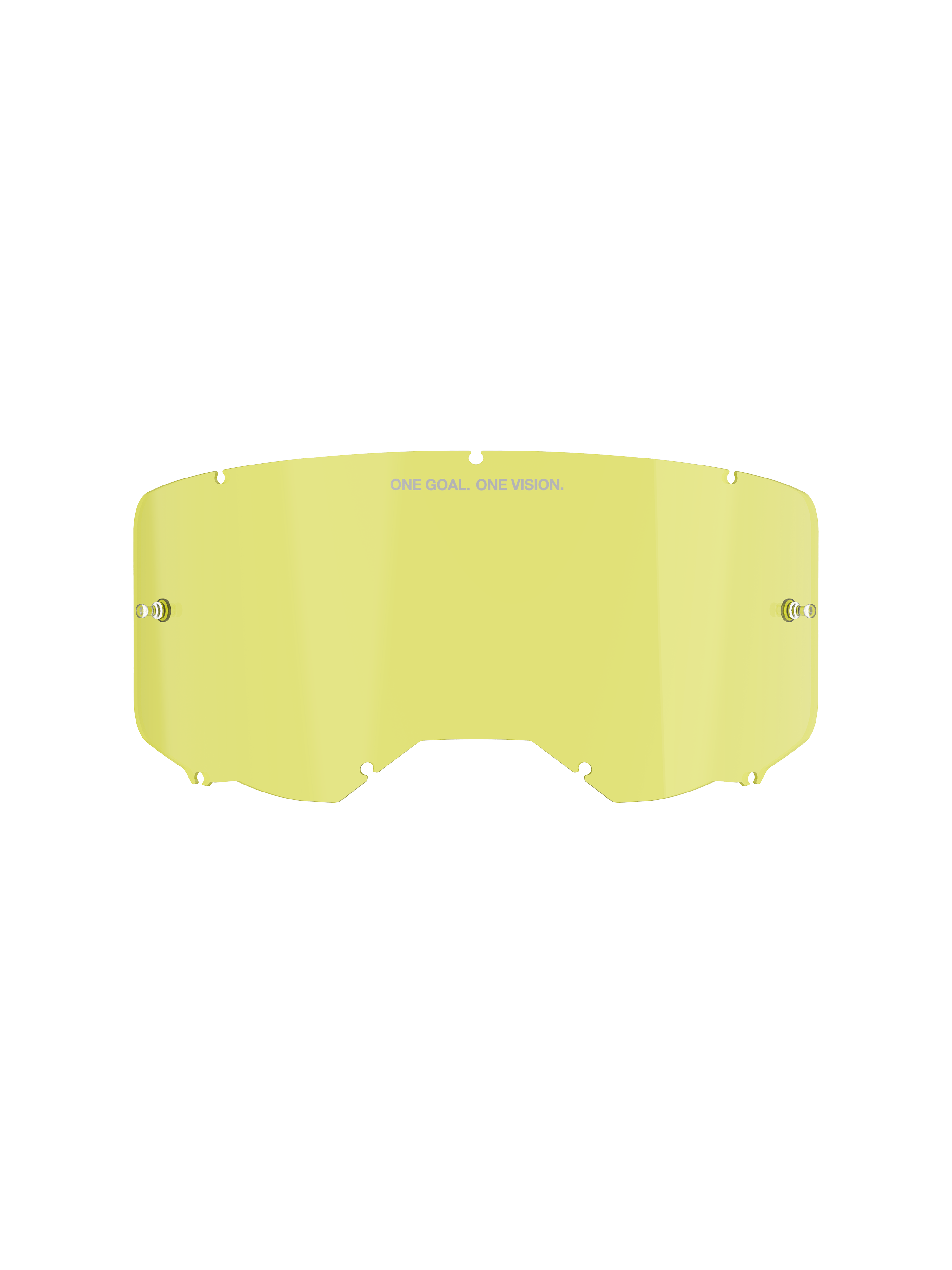 Écran de rechange Alpinestars Vision 8-5-3, teinte jaune, construction en polycarbonate avec supports de tear-off intégrés, marquage "ONE GOAL. ONE VISION.", système de verrouillage à sept encoches, conçu pour les masques de motocross et de moto tout-terrain.