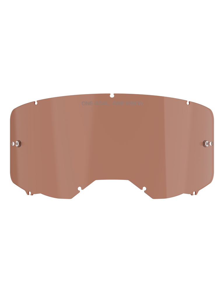 Lentille de masque Alpinestars Vision 8-5-3, teinte Copper Rose, lentille de rechange pour masque de motocross avec l'inscription « ONE GOAL. ONE VISION. », design incurvé en polycarbonate avec ergots pour tear-off pour la course tout-terrain