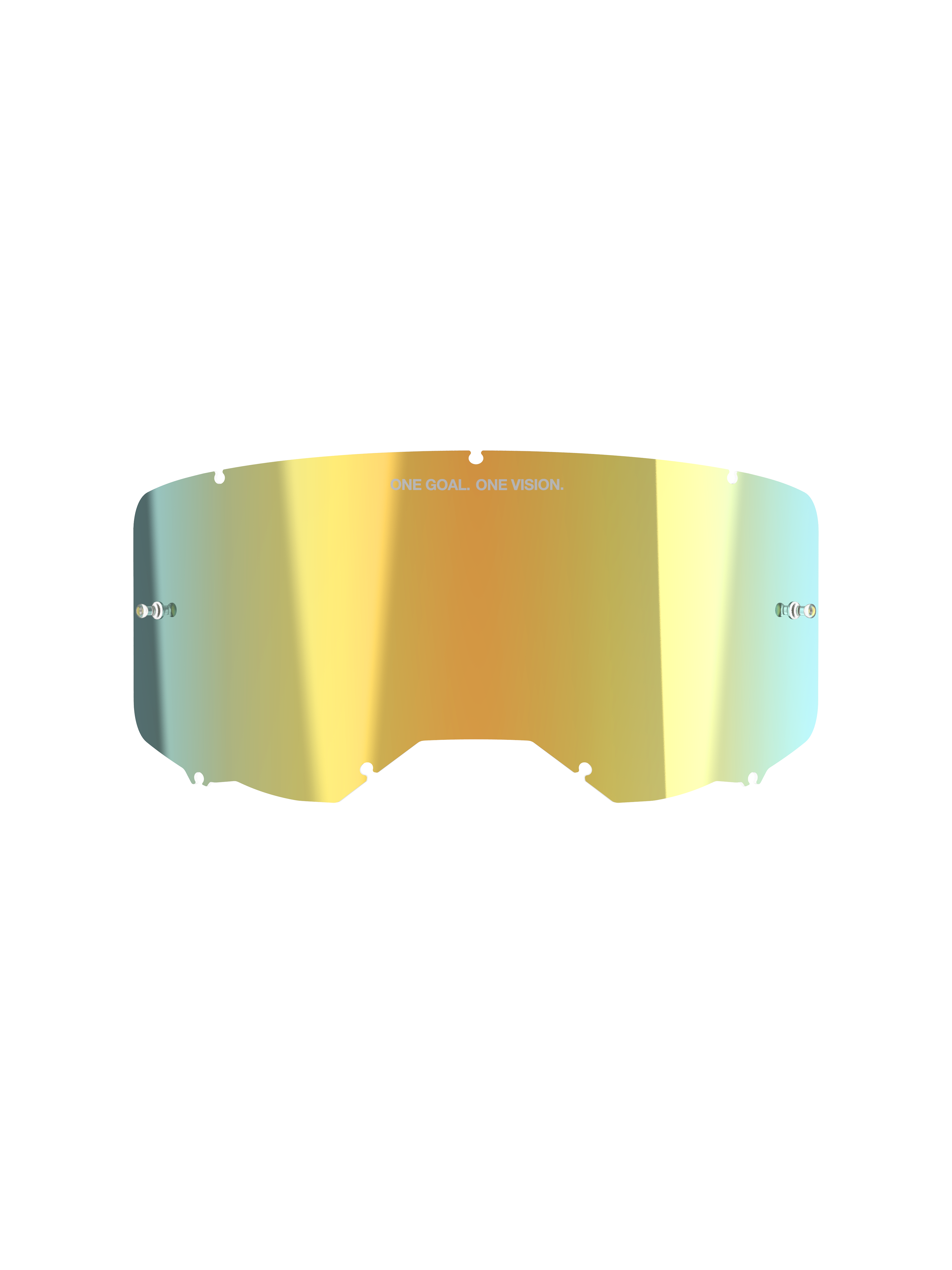 Lentille miroir Alpinestars Vision 8-5-3, accessoire pour lunettes de motocross, Mirror Gold, finition métallique réfléchissante avec le texte « ONE GOAL. ONE VISION. », supports de tear-off intégrés, système de verrouillage à sept trous clés, polycarbonate haute clarté pour la course tout-terrain