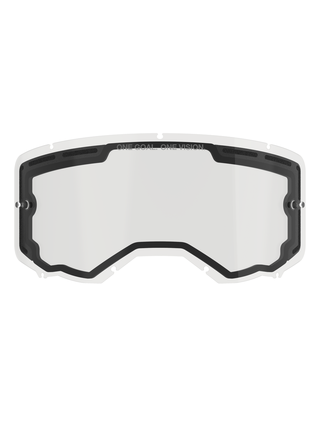 Lentille double Alpinestars Vision 8-5-3, écran de rechange transparent pour lunettes de motocross, avec joint intérieur noir et ports de ventilation supérieurs, ergots latéraux pour tear-offs, marquage « ONE GOAL ONE VISION » sur le bord supérieur, accessoire de course tout-terrain