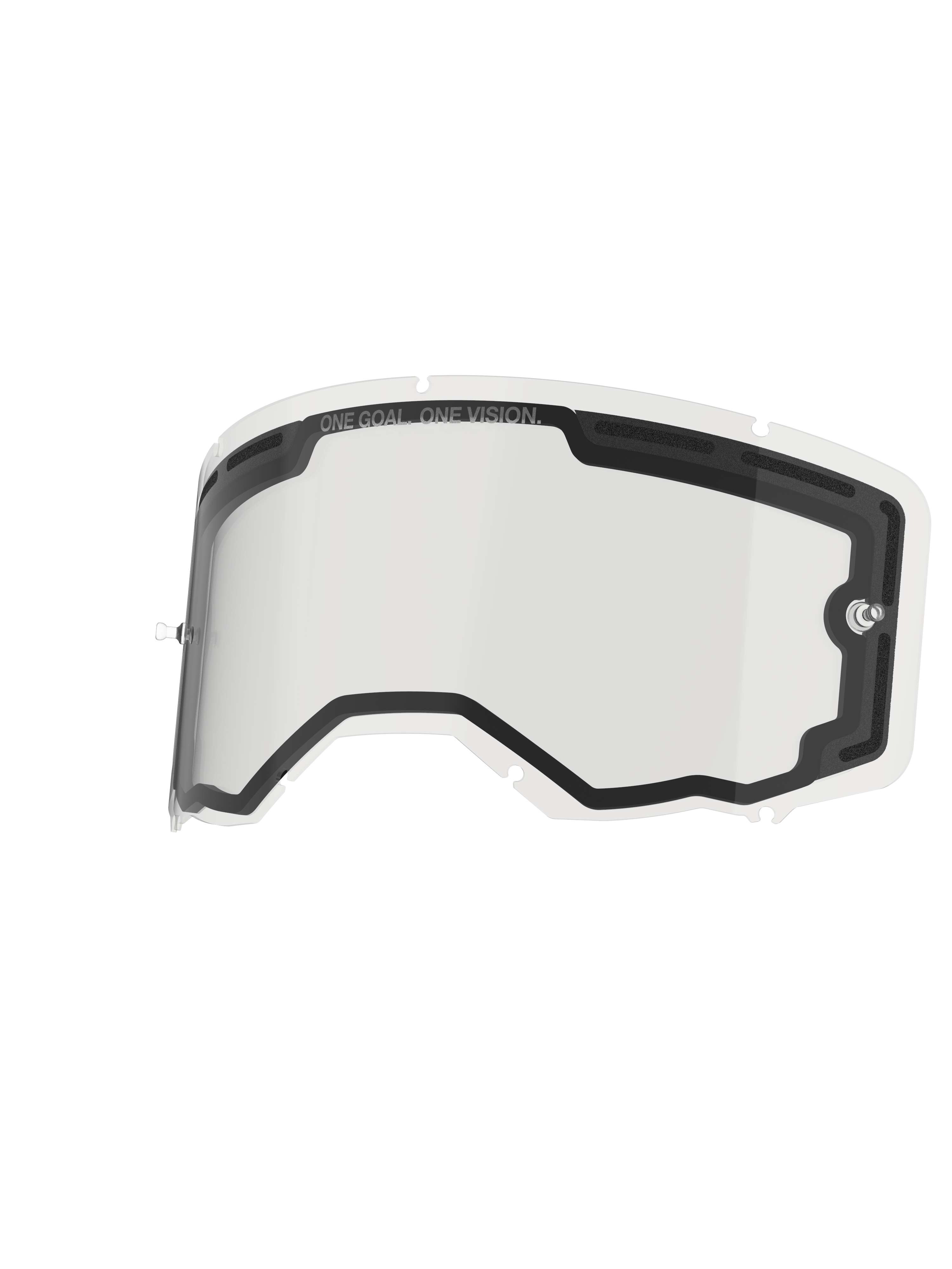 Lentille Alpinestars Vision 8-5-3 à double paroi, écran de rechange transparent pour lunettes, doté d'une construction à double vitrage avec ventilation doublée de mousse, supports de tear-off intégrés et système de verrouillage à sept trous clés, inscription « ONE GOAL. ONE VISION. » imprimée sur le bord supérieur
