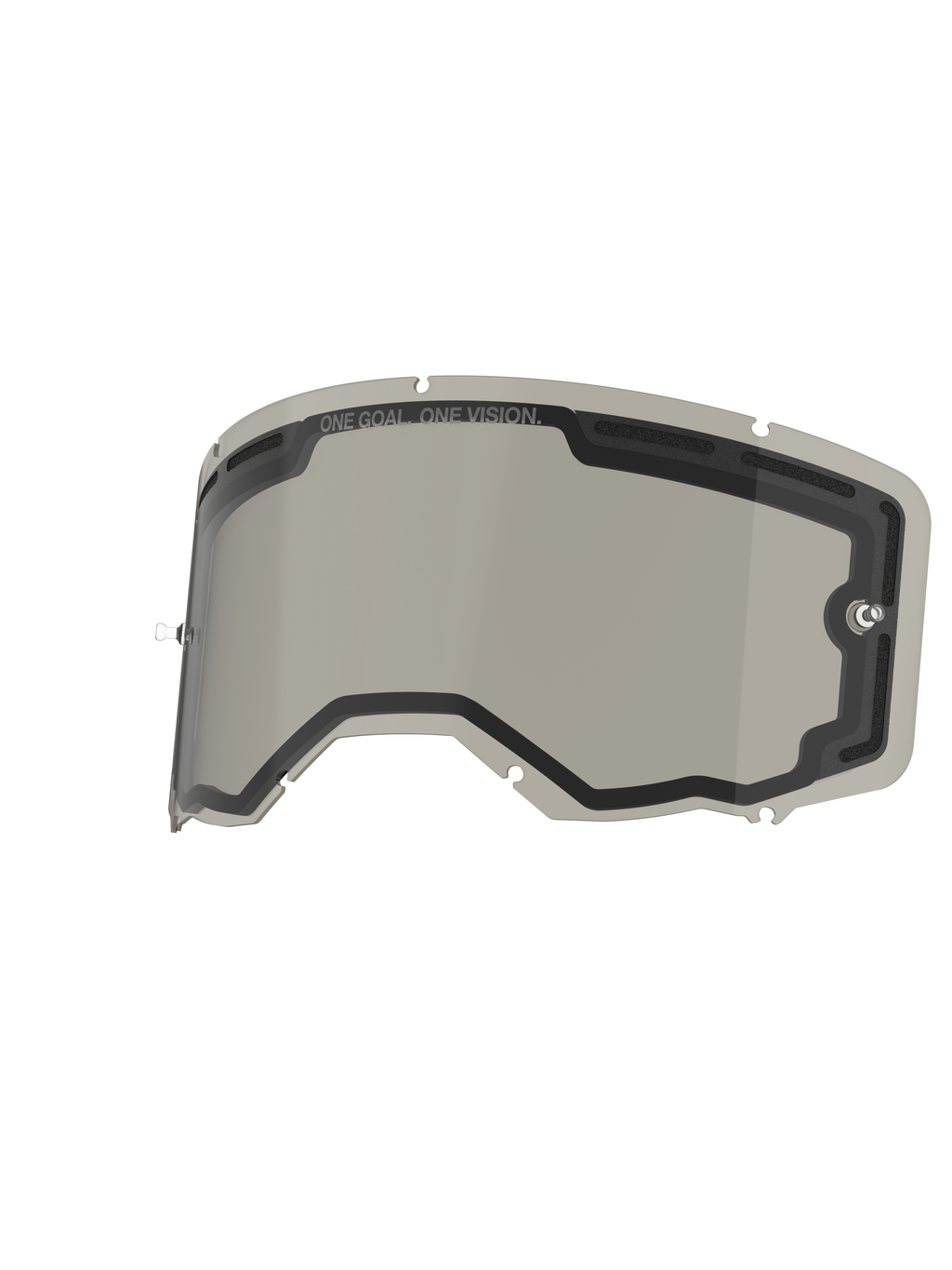 Alpinestars Vision 8-5-3 Dual Pane Lens, Smoke color, replacement goggle lens with vented dual-pane construction, integrated tear-off posts and 'ONE GOAL. ONE VISION.' branding, designed for motocross and off-road riding
