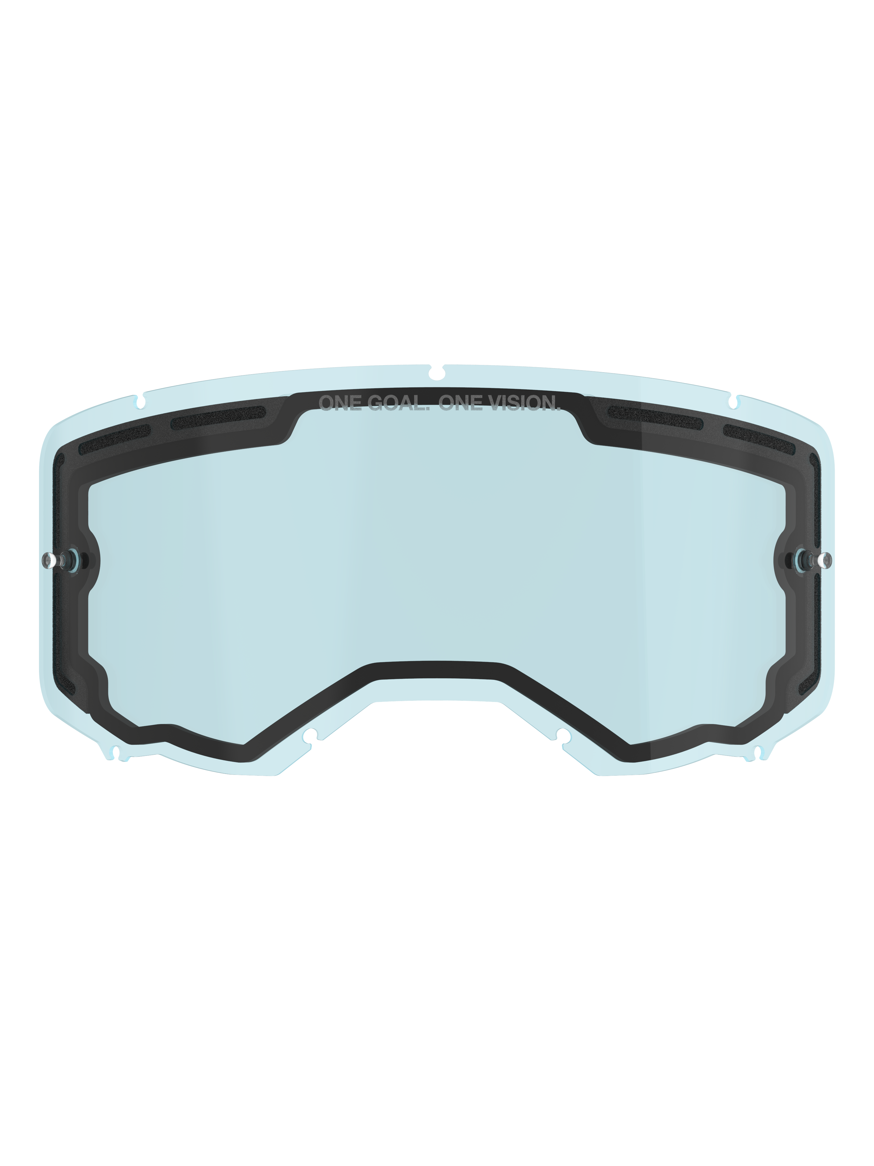 Alpinestars Vision 8-5-3 Dual Pane Lens, écran de rechange teinté bleu clair, joint intérieur noir avec marquage "ONE GOAL. ONE VISION.", supports tear-off latéraux, design incurvé avec ventilation supérieure pour le motocross et le tout-terrain