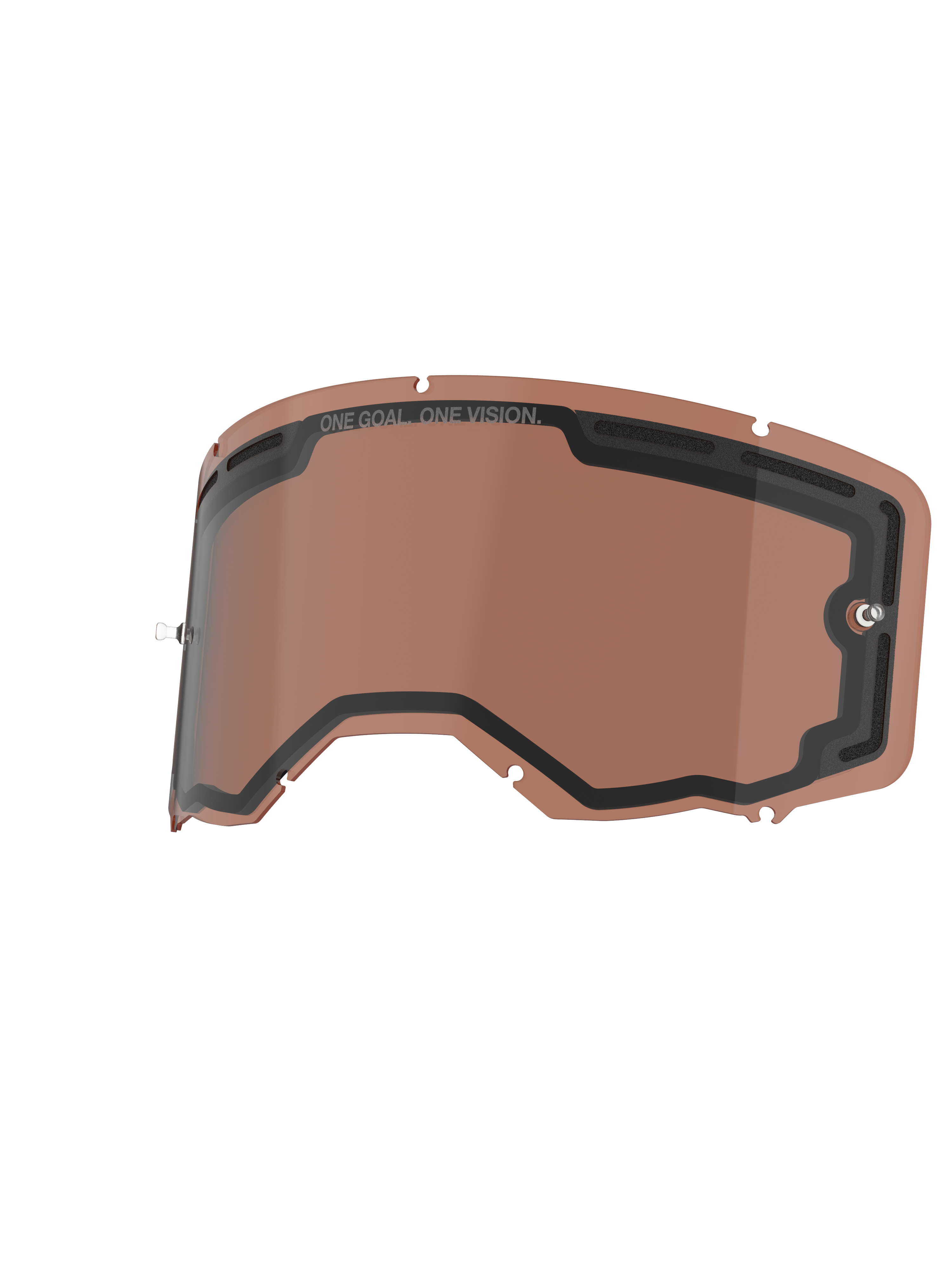 Lentille Alpinestars Vision 8-5-3 Double Paroi, lentille de rechange pour masque, Copper Rose, design ventilé à double paroi avec joint noir, logos 'ONE GOAL. ONE VISION.' et supports de tear-off intégrés, polycarbonate durable pour performance tout-terrain.