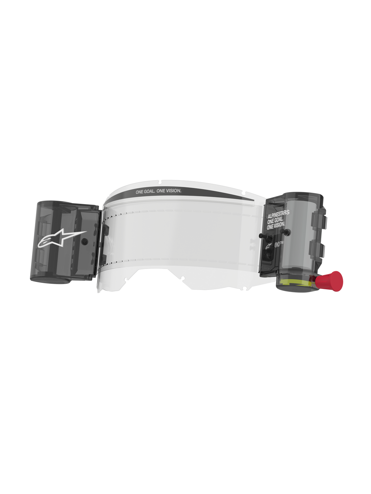 Alpinestars Vision 8-5-3 Roll Film Kit, Transparent Goggle Lens, integrated wide vision roll-off system with smoke-colored canisters, red pull knob, features 'ONE GOAL. ONE VISION.' branding, essential motocross racing accessory for clear visibility