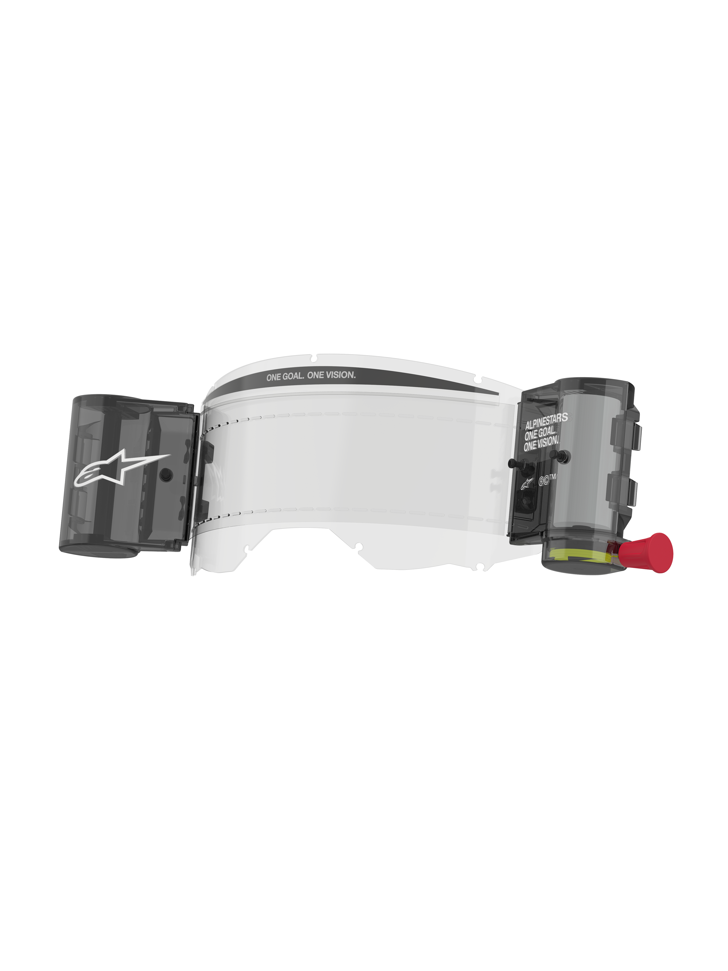 Kit de film Roll-off Alpinestars Vision 8-5-3, écran transparent pour lunettes, système roll-off Wide Vision intégré avec boîtiers fumés, tirette rouge, inscription « ONE GOAL. ONE VISION. », accessoire de motocross indispensable pour une visibilité optimale