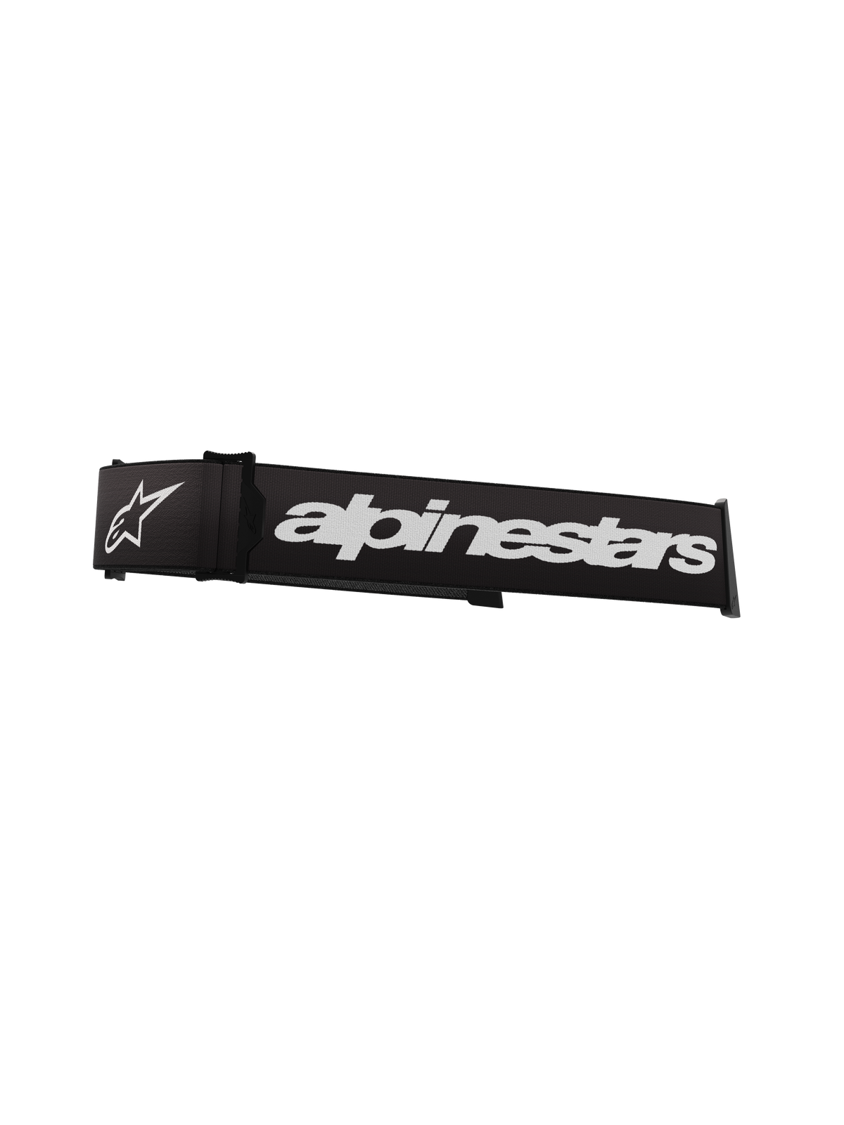 Alpinestars Supertech Goggles Strap, Black and White, featuring a prominent white Alpinestars wordmark and star logo, 45mm replacement strap for motocross goggles with silicone traction and click-snap attachment