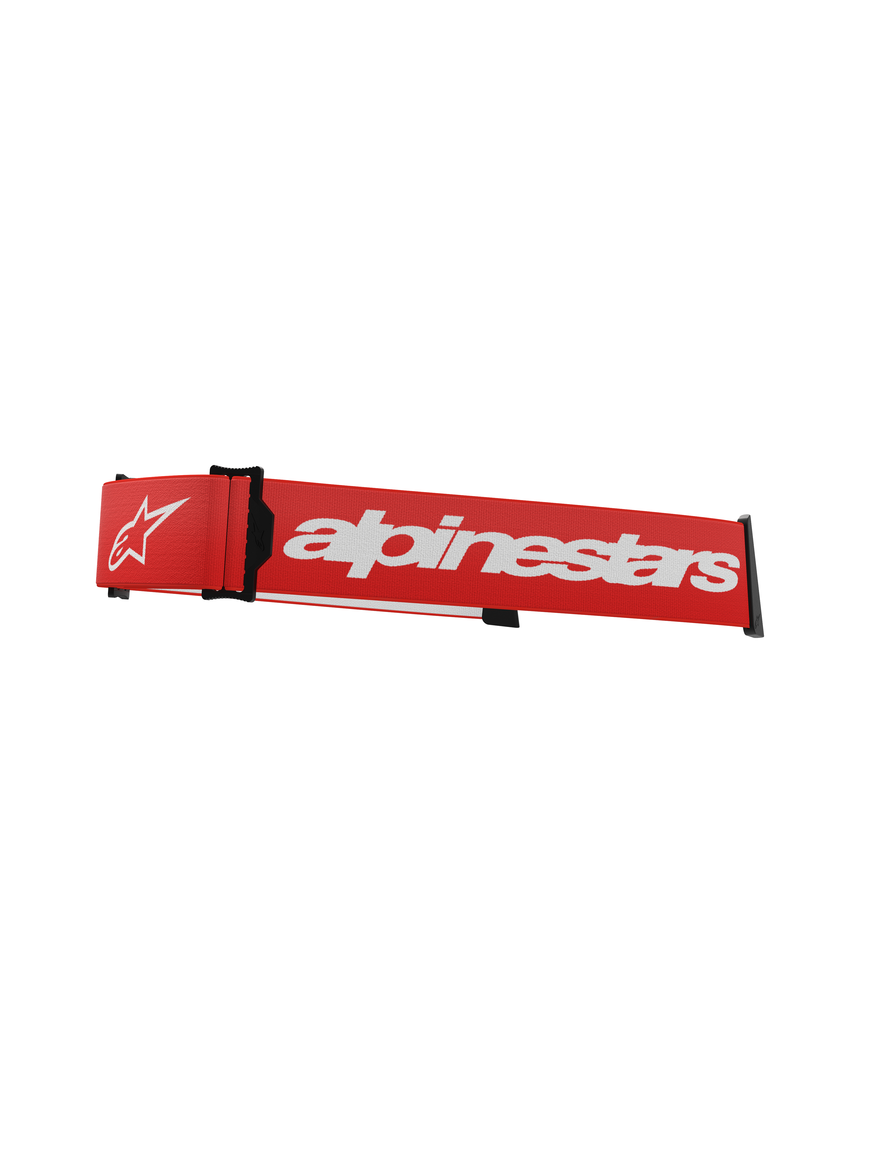 Sangle pour masque Alpinestars Supertech, rouge et blanc, bandeau de rechange pour lunettes de motocross avec marquage blanc imposant, fixations noires à clip et coin ISP intégré pour le positionnement sur le casque