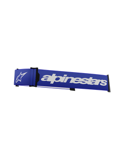 Alpinestars Supertech Goggles Strap, Motocross Goggle Replacement Strap, Blue and White, bold white Alpinestars wordmark and star logo, black ISP wedge and frame attachment clips, durable woven texture