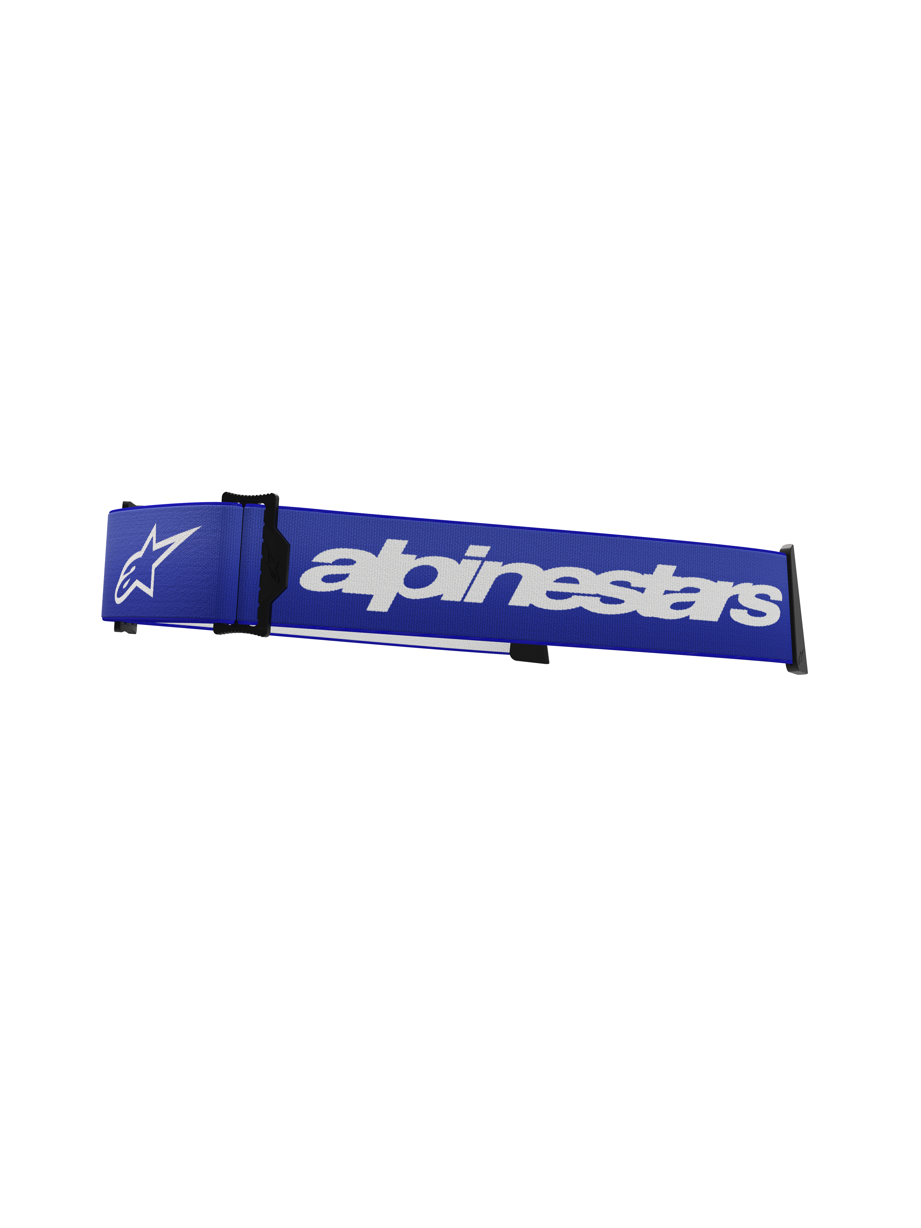 Sangle de lunettes Alpinestars Supertech, sangle de remplacement pour masque de motocross, bleue et blanche, logo Alpinestars et logo étoile blancs, cale ISP et clips de fixation noirs, texture tissée durable