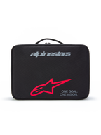 Alpinestars Supertech Vision Goggles Case, Black protective carrying case with top handle, featuring a grey brand logo, large red star logo, and 'ONE GOAL. ONE VISION.' slogan, durable storage for motocross goggles
