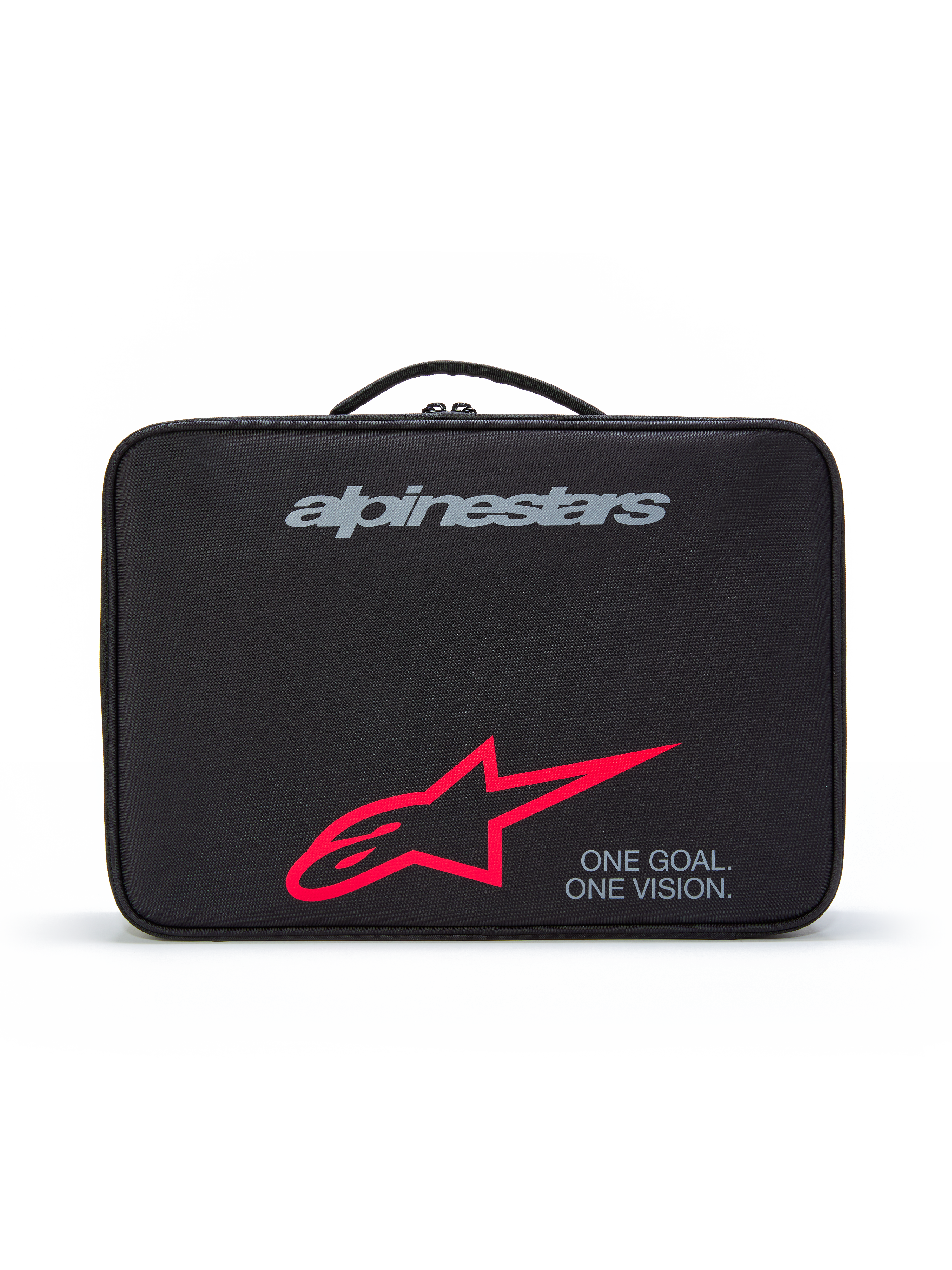 Alpinestars Supertech Vision Goggles Case, Black protective carrying case with top handle, featuring a grey brand logo, large red star logo, and 'ONE GOAL. ONE VISION.' slogan, durable storage for motocross goggles