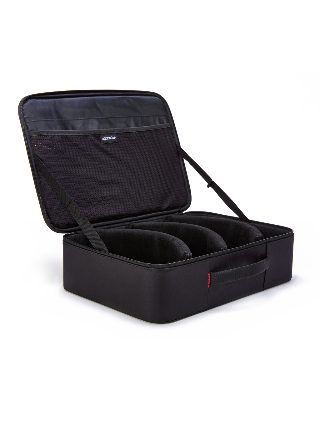 Alpinestars Supertech Vision Goggles Case, Black, open briefcase-style organizer for motocross goggles, featuring pre-curved modular dividers and mesh pockets on the lid, padded handle, durable construction for off-road gear storage